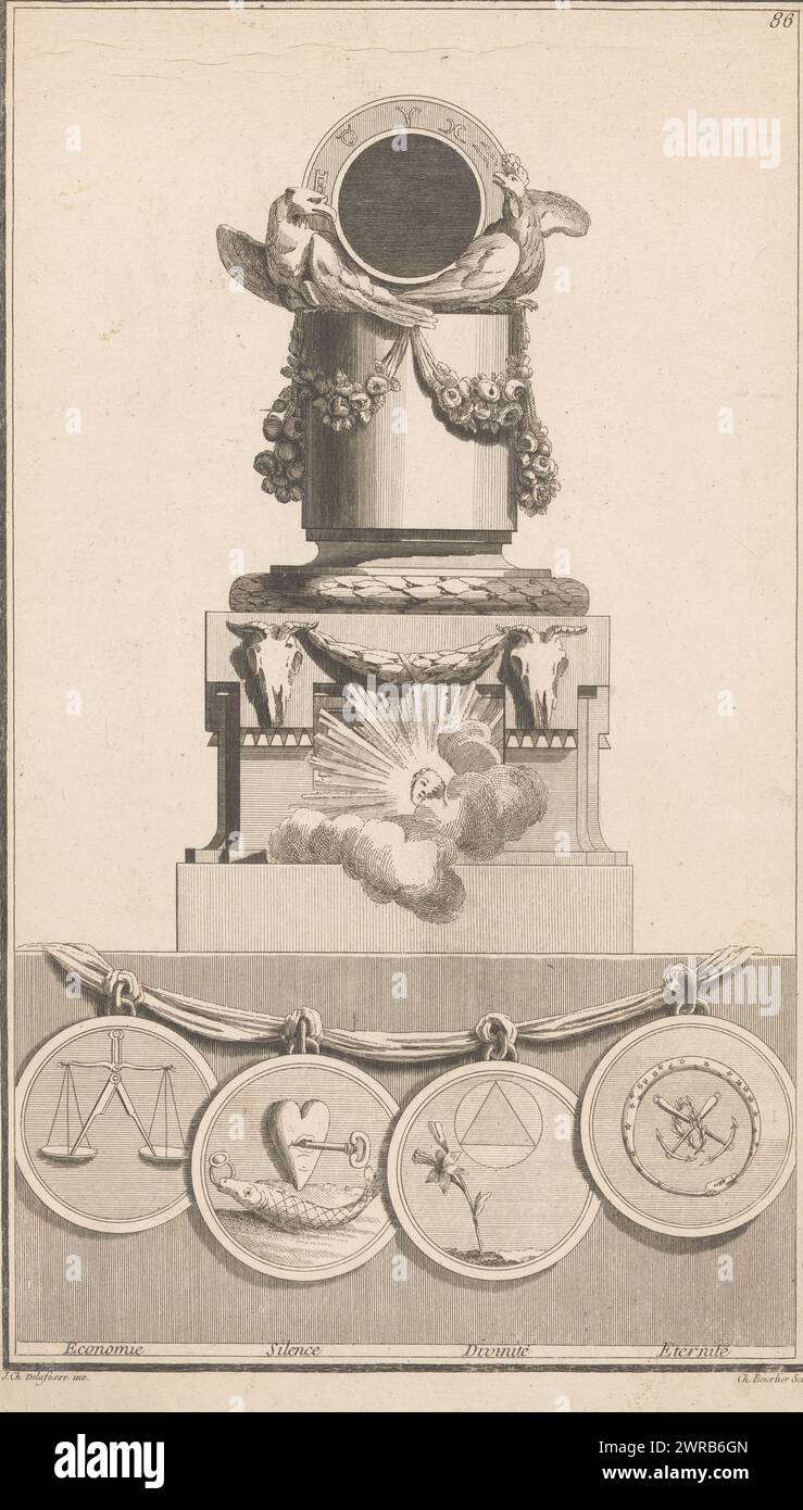Economie, silence, divinité et éternité, Economie, silence, divinité, éternité (titre sur objet), P pendules (titre de la série), Nouvelle Iconologie historique ou ATTRIBUTS Hierogliphyques (...) (Titre de la série), une horloge à manteau ornée de crânes bovins, un visage avec un halo, des guirlandes, un aigle, un poulet et des signes du zodiaque. Ci-dessous un ruban avec quatre médaillons ronds, à gauche avec une échelle, à côté avec un poisson avec un anneau et un coeur avec une clé, troisièmement une fleur à côté d'un triangle dans un cercle et à droite le serpent Ourobouros . Photo numéro 86. Banque D'Images