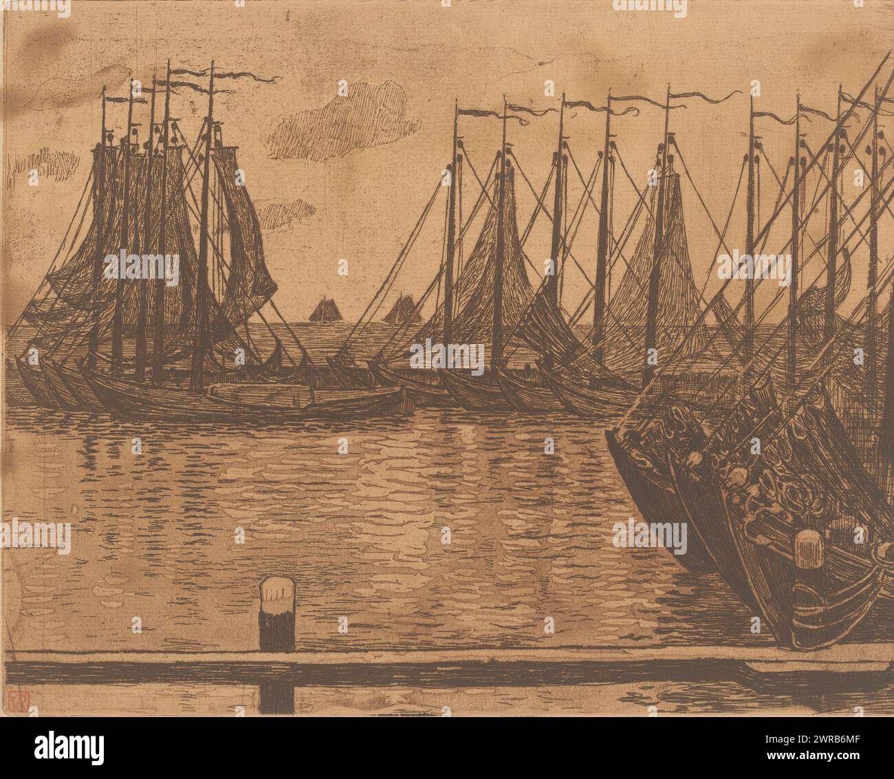 Navires dans le port, imprimeur : Theo Van Rysselberghe, 1872 - 1926, papier, gravure, hauteur 224 mm × largeur 282 mm, impression Banque D'Images