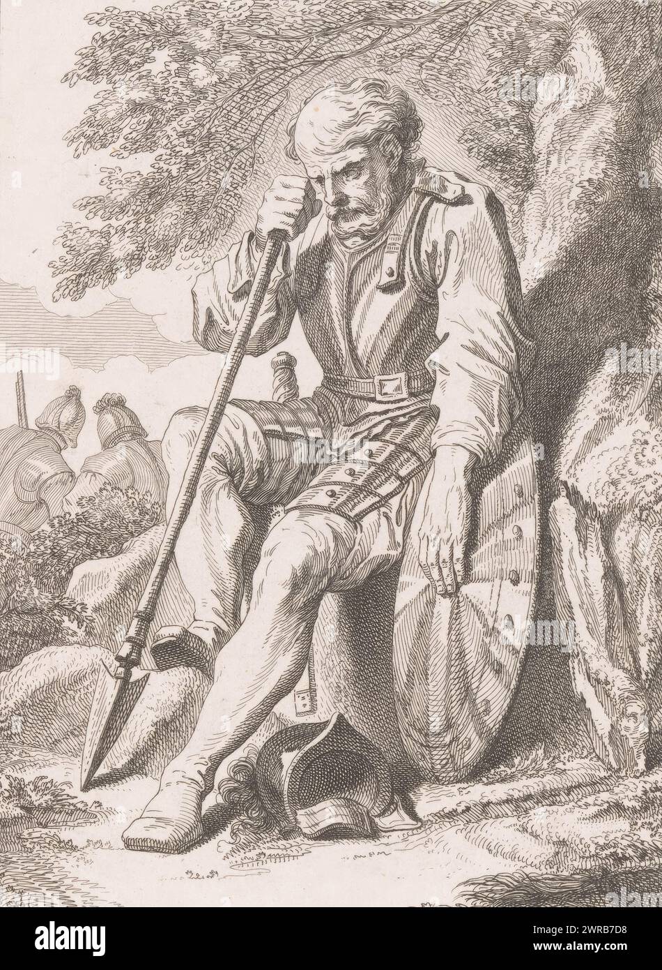 Soldat assis sur un rocher avec bouclier et lance, soldats (titre de la série), numérotés en haut à droite : 3., imprimeur : Johann Georg Wille, d'après conception par : Charles Parrocel, Paris, 1753, papier, gravure, hauteur 195 mm × largeur 146 mm, impression Banque D'Images
