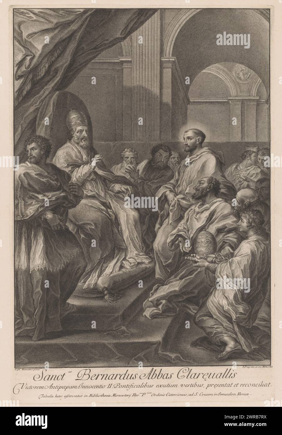 Saint Bernard de Clairvaux pour le pape Innocent II, Sanctus Bernardus Abbas Clareuallis (titre sur objet), imprimeur : Jakob Frey (I), après dessin par : Jakob Frey (I), après peinture par : Carlo Maratta, imprimeur : Rome, après dessin par : Rome, après peinture par : Santa Croce in Gerusalemme, 1743, papier, gravure, hauteur 572 mm × largeur 381 mm, impression Banque D'Images