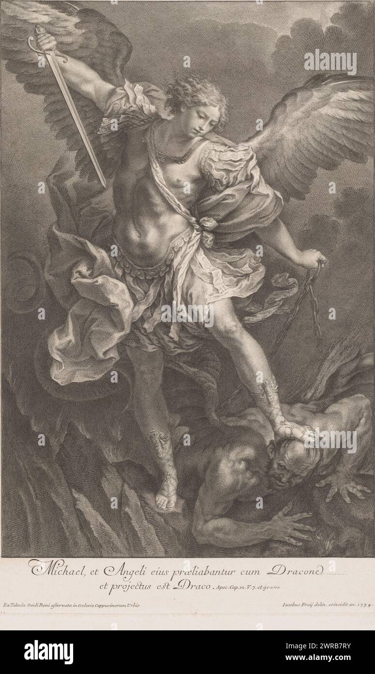 Archange Michael, avec passage biblique en latin., imprimeur : Jakob Frey (I), après dessin par : Jakob Frey (I), après peinture par : Guido Reni, Santa Maria della Concezione dei Cappuccini, 1734, papier, gravure, hauteur 518 mm × largeur 327 mm, impression Banque D'Images