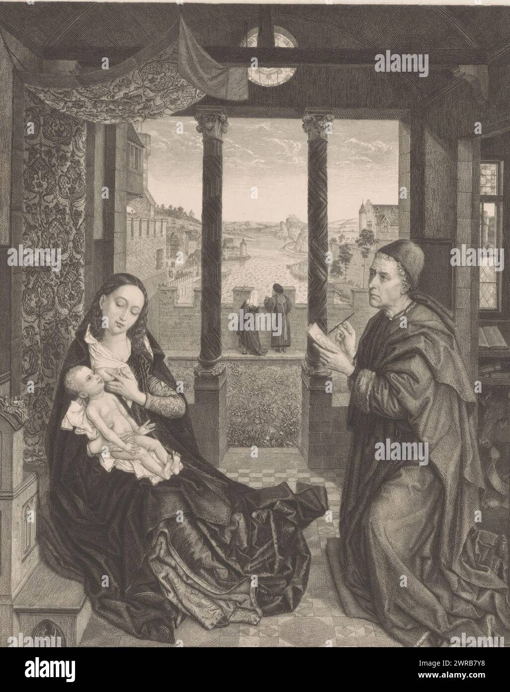 Saint Luc peint Marie avec enfant, imprimeur : Johann Leonhard Raab, après peinture par : Rogier van der Weyden, imprimeur : Georg Friedrich Felsing, München, 1835 - 1899, papier, gravure, hauteur 387 mm × largeur 291 mm, impression Banque D'Images