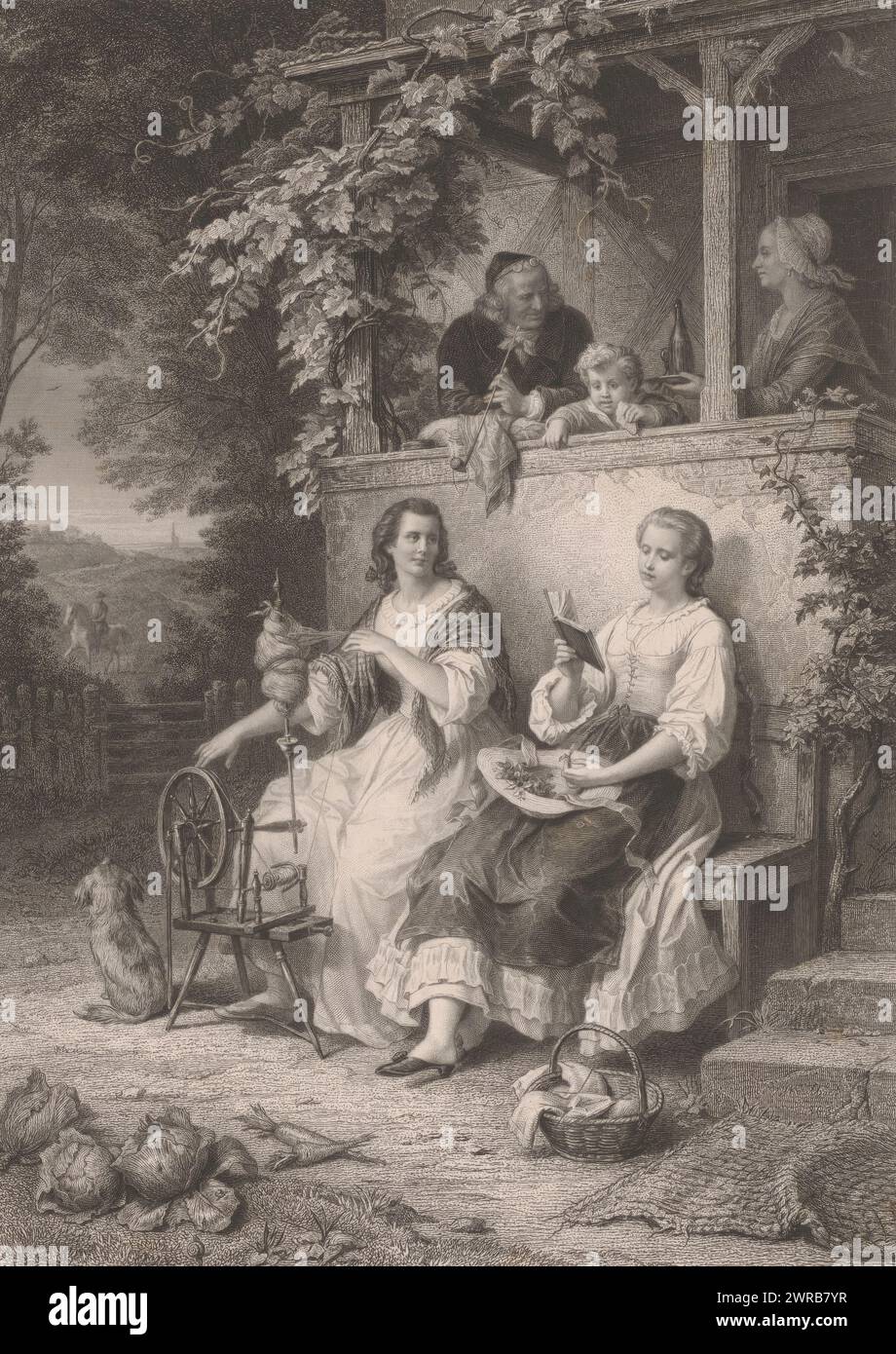 Friederike est assis devant la maison avec sa famille, ronronnant, imprimeur : Albrecht Schultheiss, après peinture par : Wilhelm von Kaulbach, 1866, papier, gravure, hauteur 427 mm × largeur 360 mm, impression Banque D'Images