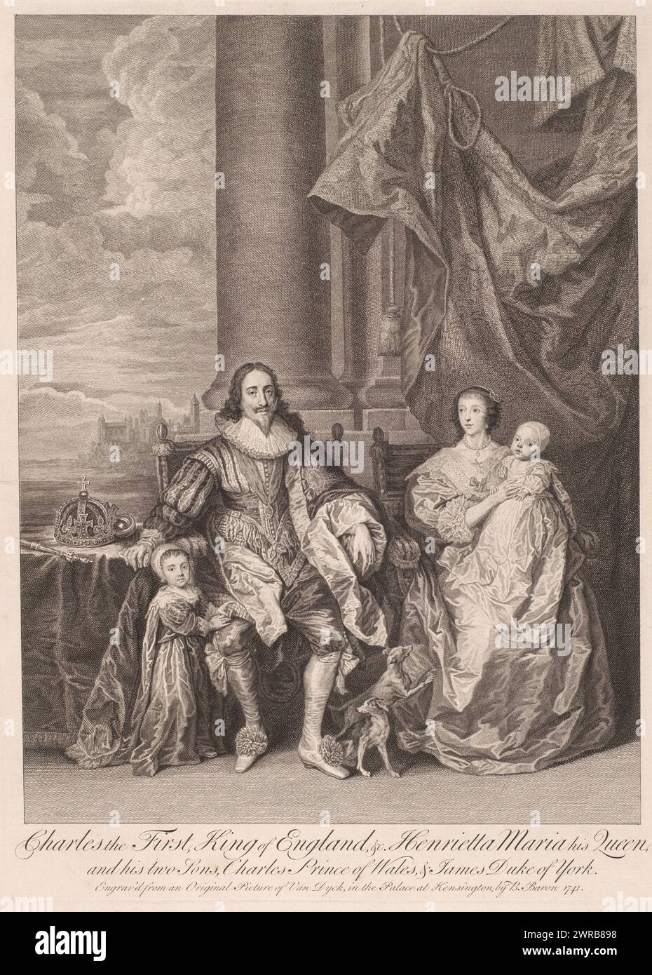 Portrait du roi Charles Ier d'Angleterre et de la reine Henriette Marie de France avec leurs fils Charles et James, imprimeur : Bernard Baron, d'après la peinture par : Anthony van Dyck, Kensington, (possiblement), 1741, papier, gravure, hauteur 570 mm × largeur 419 mm, impression Banque D'Images