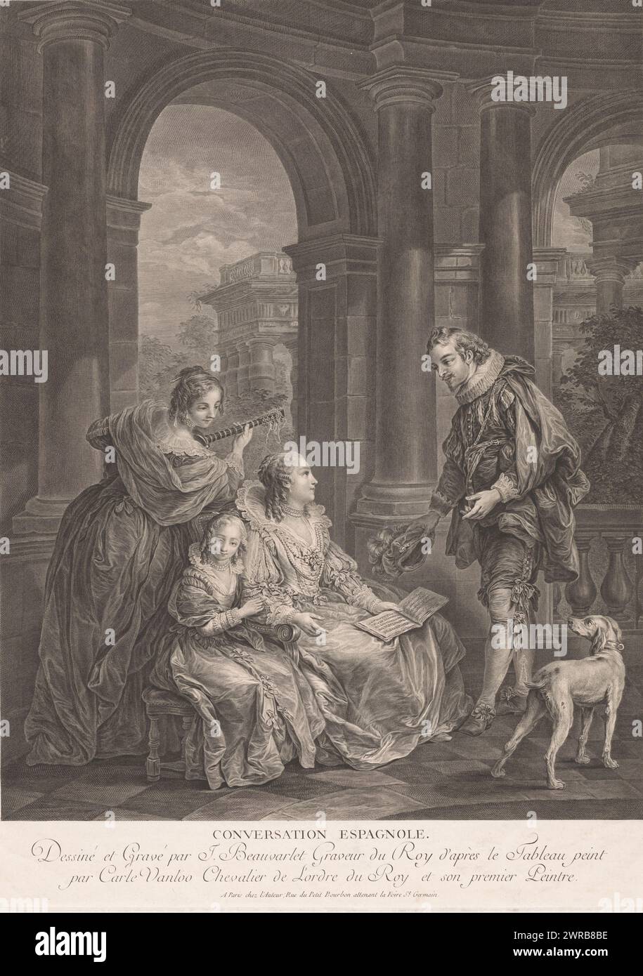 Porche à colonnes avec femmes assises et homme debout, conversation espagnole (titre sur objet), imprimeur : Jacques Beauvarlet, d'après sa propre conception par : Jacques Beauvarlet, d'après peinture par : Carle van Loo, Paris, 1769, papier, gravure, gravure, hauteur 572 mm × largeur 420 mm, impression Banque D'Images