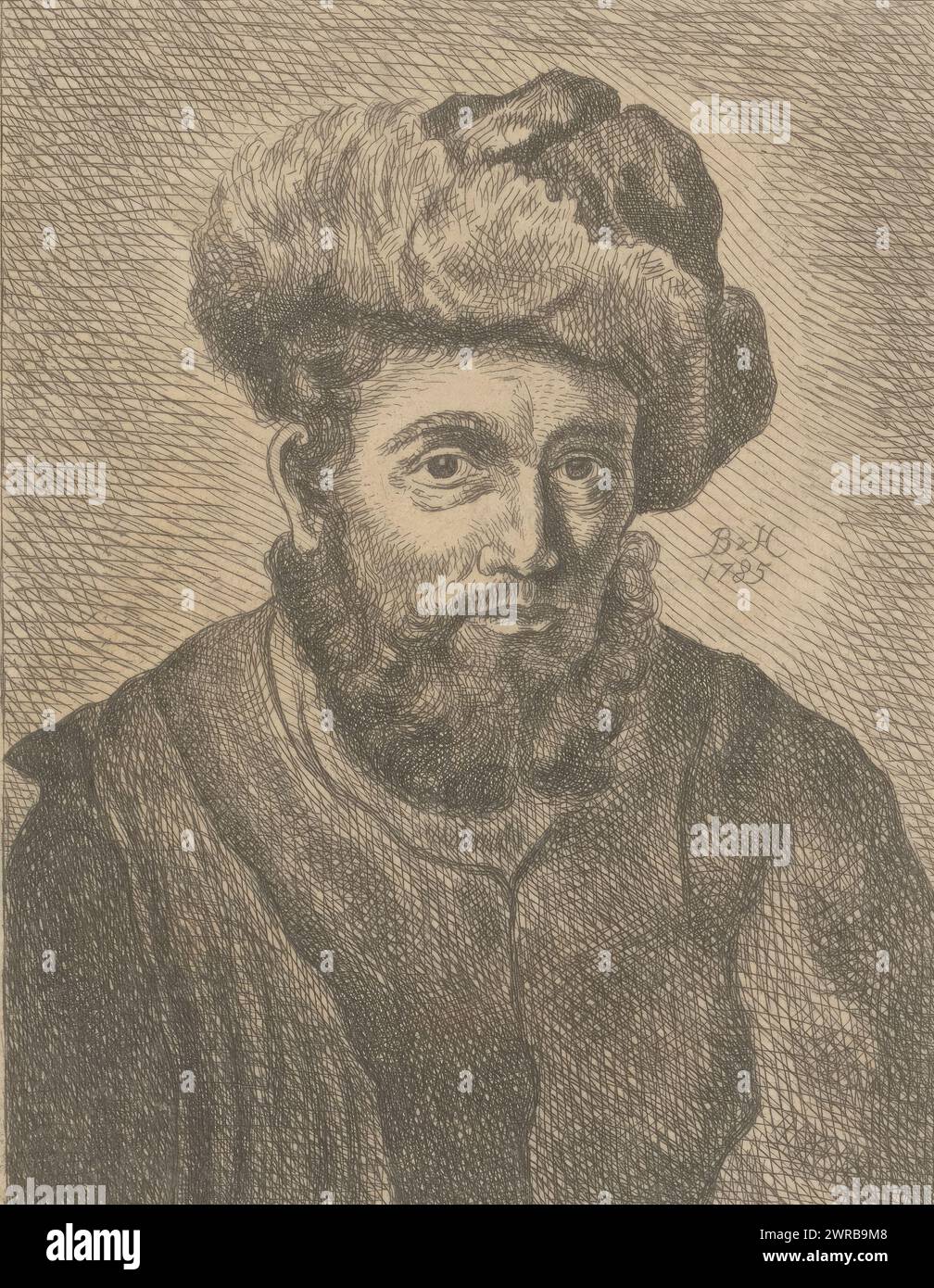 Portrait d'un homme inconnu avec un chapeau, peut-être un rabbin, imprimeur : monogrammiste BVH, d'après dessin de : Rembrandt van Rijn, (peut-être), Nord des pays-Bas, 1785, papier, gravure, hauteur 140 mm × largeur 110 mm, impression Banque D'Images