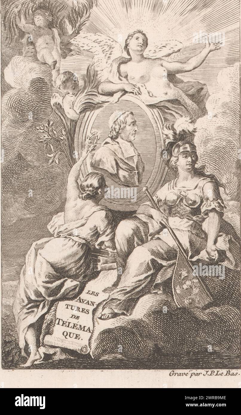Minerve assise sur un nuage avec des anges et un médaillon portrait, page de titre pour : Fénélon, François. Les aventures de Télémaque, 1755., imprimeur : Jacques-Philippe le Bas, éditeur : Théodore Legras, Paris, 1755, papier, gravure, hauteur 169 mm × largeur 98 mm, impression Banque D'Images