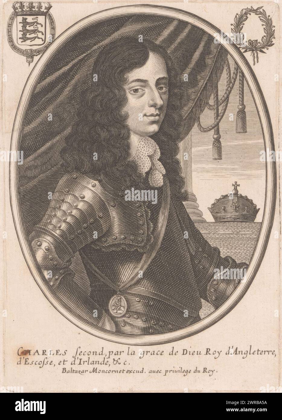 Portrait de Charles II d'Angleterre, imprimeur : anonyme, éditeur : Balthazar Moncornet, Franse Kroon, éditeur : Paris, France, 1660 - 1668, papier, gravure, hauteur 155 mm × largeur 110 mm, impression Banque D'Images