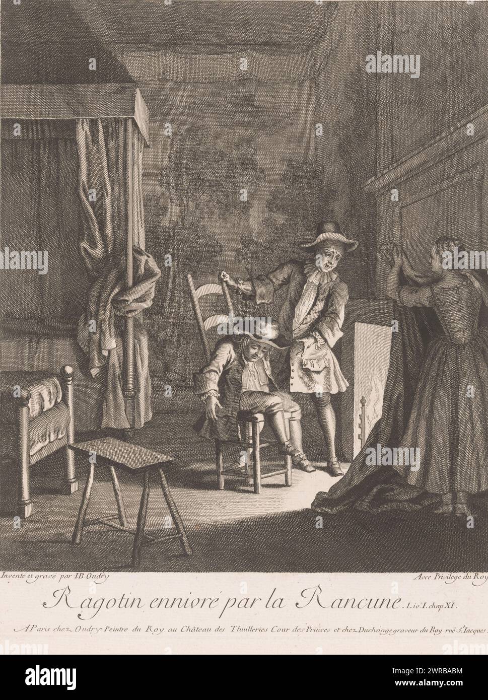 Ragotin ivre sur une chaise près du feu, Ragotin ennivré par la Rancune (titre sur objet), scènes de la Comique romaine de Scarron (titre de la série), imprimeur : Jean-Baptiste Oudry, d'après sa propre conception par : Jean-Baptiste Oudry, éditeur : Paris, éditeur : Paris, France, 1726 - 1728, papier, gravure, gravure, hauteur 370 mm × largeur 295 mm, impression Banque D'Images