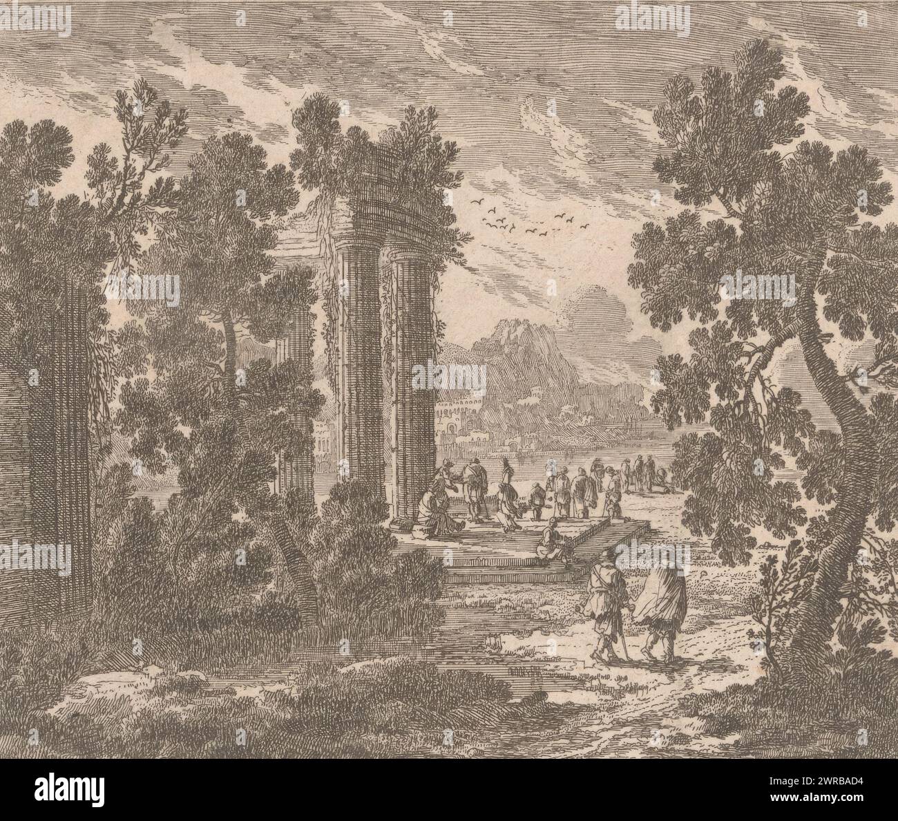 Figures aux ruines sur la rive, numérotées en bas à droite : 47., imprimeur : Adam Perelle, 1650 - 1695, papier, gravure, hauteur 130 mm × largeur 146 mm, impression Banque D'Images