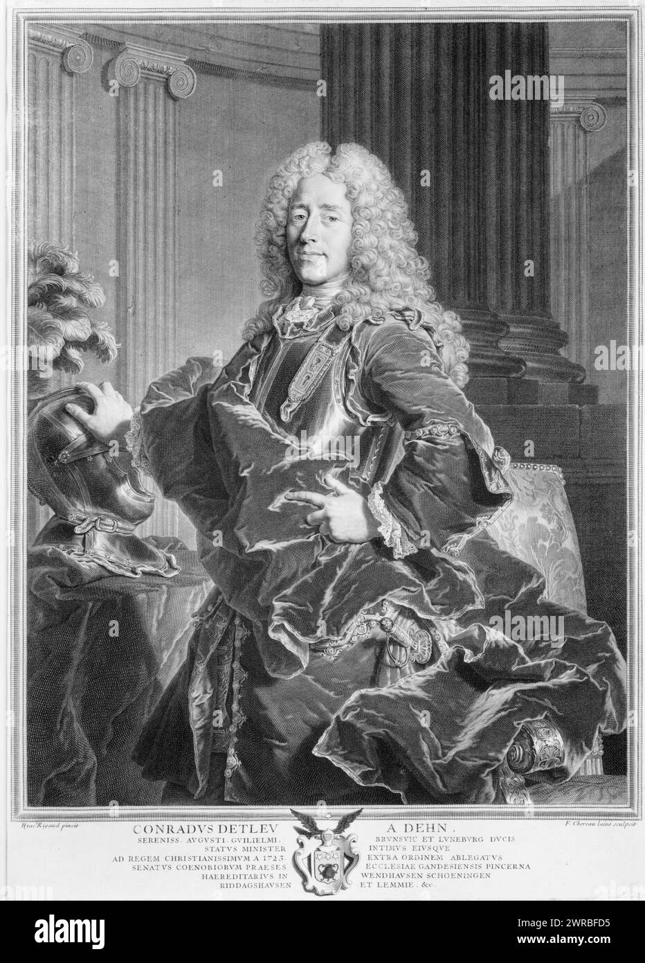 Conradus Detlev a Dehn, Hyacs. Rigaud pinxit., F. Chereau lainé sculpsit., portrait de trois quarts de longueur, debout, face à gauche., Chéreau, François, 1680-1729, graveur, entre 1700 et 1729, gravures, 1700-1730., estampes de portraits, 1700-1730, gravures, 1700-1730, 1 tirage : gravure Banque D'Images