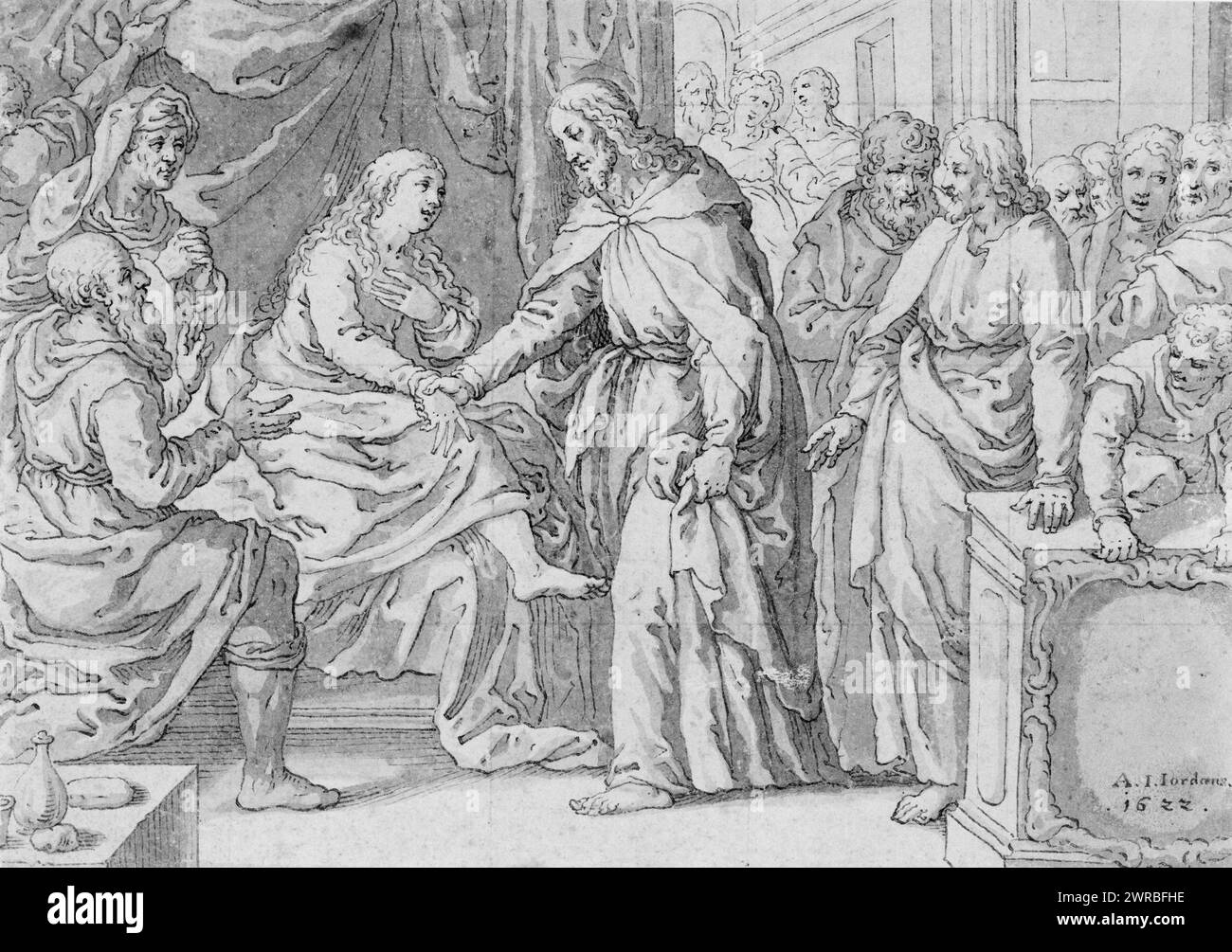 Christ élevant la fille de Jarius?, A. I. Jordaens., le sujet semble être Christ guérissant une femme, ou peut-être Christ ressuscitant la fille de Jarius d'entre les morts, qui est mentionné dans Marc 5:21-43, Matthieu 9:18-26, et Luc 8:40-56., Schorer, Hans Friedric, vers 1609-1649, artiste (nom attribué, Allemagne, 1622., Jésus-Christ, miracles, dessins, Allemand, 1620-1630., dessins, allemand, 1620-1630, 1 dessin : plume et encre noire et lavage, légèrement équarri à la craie noire, feuille de 20,4 x 28,6 cm (8 x 11 1/4 po Banque D'Images