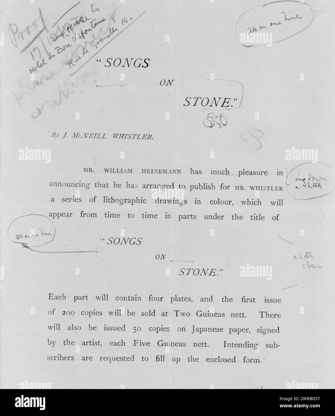 L'éphémère de Whistler, annonce de 'Songs on Stone', texte seulement preuve d'une annonce de la publication des quatre premières lithographies de Whistler dans la série, 'Songs on Stone', qui sera publiée par William Heinemann, avec les corrections de Whistler à la mise en page et sa signature papillon. À l'intérieur de l'annonce se trouve un bon de commande., Whistler, James McNeill, 1834-1903., 1892., Whistler, James McNeill, 1834-1903, objets associés, circulaires, 1890-1900., dessins de conception, 1890-1900, épreuves, 1890-1900, 1 article (circulaire) : typographie, feuille 20,5 x 33,3 cm Banque D'Images