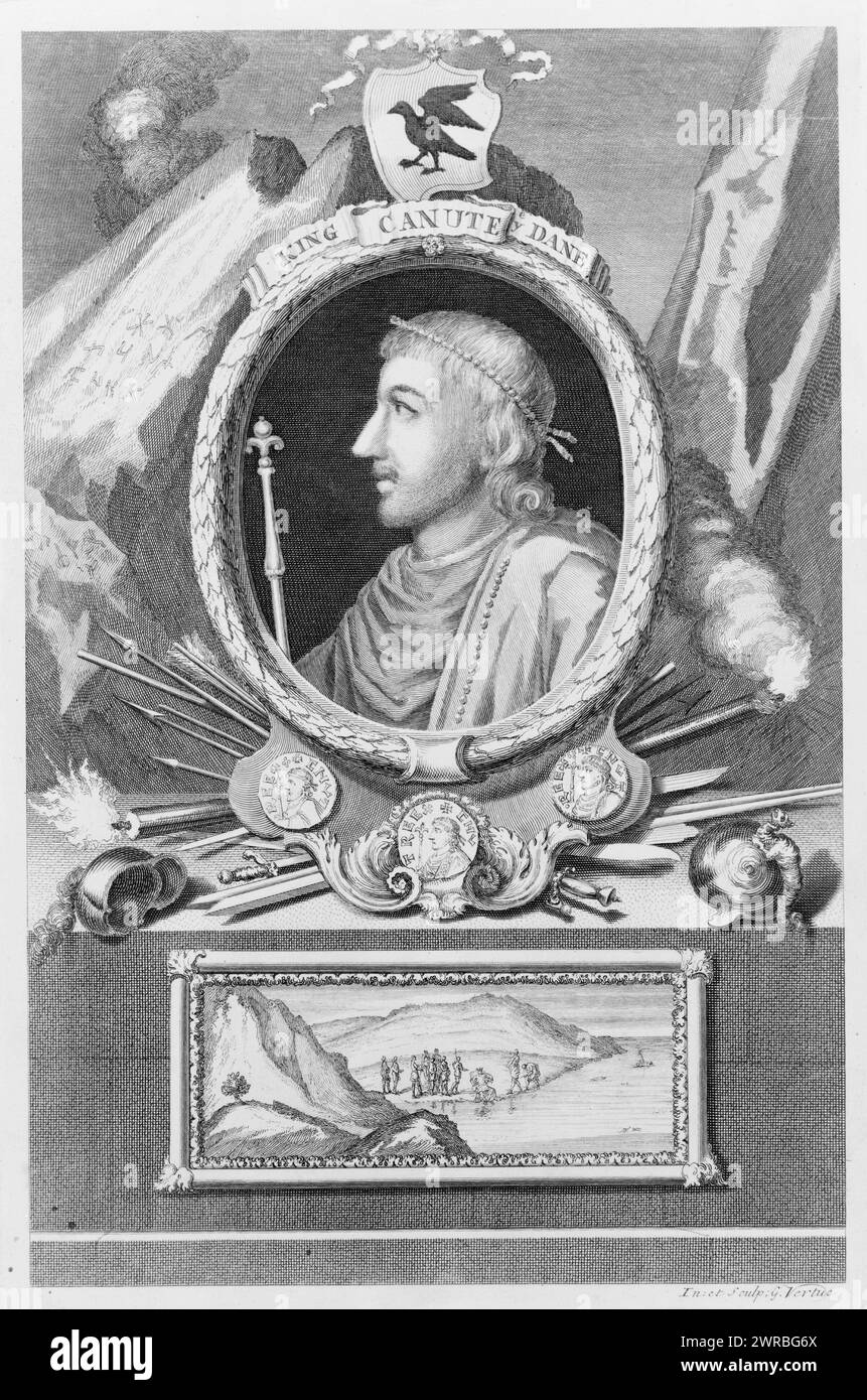 King Canute YE Dane, in. Et sculp : G. Vertue., Canute, roi d'Angleterre, de Danemark et de Norvège, portrait de buste, profil de gauche, avec ornements et vignette sous portrait représentant l'histoire de Canute et de ses courtisans., Vertue, George, 1684-1756, graveur, Londres : 1732, Canute, I, Roi d'Angleterre, 995?-1035, gravures, 1730-1740., Portrait, 1730-1740, gravures, 1730-1740, 1 tirage : gravure Banque D'Images