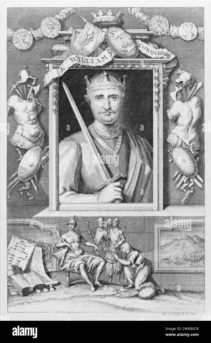 K. William Ye Conquérant, del. et sculp. G. Vertue., Guillaume Ier ou 'Guillaume le Conquérant', roi d'Angleterre, portrait de buste, face avant, tenant l'épée, avec des ornements et vignette de Brittania en supplication ci-dessous., Vertue, George, 1684-1756, graveur, Londres : 1732, Guillaume, I, roi d'Angleterre, 1027 ou 1028-1087, gravures, 1730-1740., Portrait, 1730-1740, gravures, 1730-1740, 1 tirage : gravure Banque D'Images