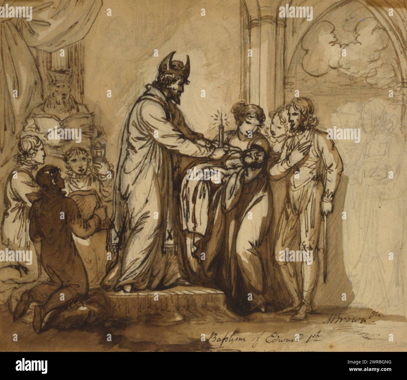 Baptême d'Édouard Ier, M. Brown., dessin d'un enfant, peut-être d'un ange sur le recto. Croquis d'un homme âgé avec canne au verso., Brown, Mather, 1761-1831, artiste, 1794., Edward, I, Roi d'Angleterre, 1239-1307, mises en plan, couleur, 1790-1800., mises en plan, couleur, 1790-1800, 1 dessin : crayon, encre brune et lavage Banque D'Images