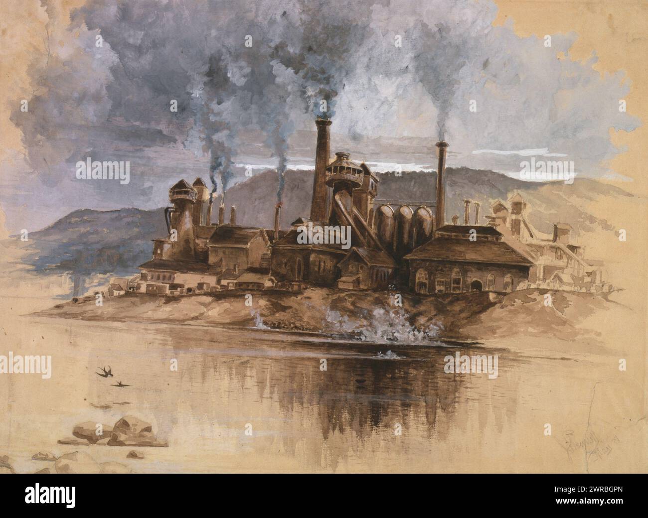 Bethlehem Steel Works, Pennsylvanie, Bethlehem. Comme Wuerth l'a décrit, 'aquarelle en marron sépia, blanc et gris, sur papier buff. Signé mai '81.' Vue de l'autre côté de la rivière à une opération d'acier relativement petite, divers cheminées, un feu soufflant, ciel fumé au-dessus, collines au-delà., Pennell, Joseph, 1857-1926, artiste, 1881 mai., Bethlehem Iron Company, bâtiments, 1880-1890, dessins, couleur, 1880-1890., aquarelles, 1880-1890, dessins, couleur, 1880-1890, 1 dessin sur papier crème : aquarelle, lavage, gouache, feuille 35,3 x 47,8 cm Banque D'Images