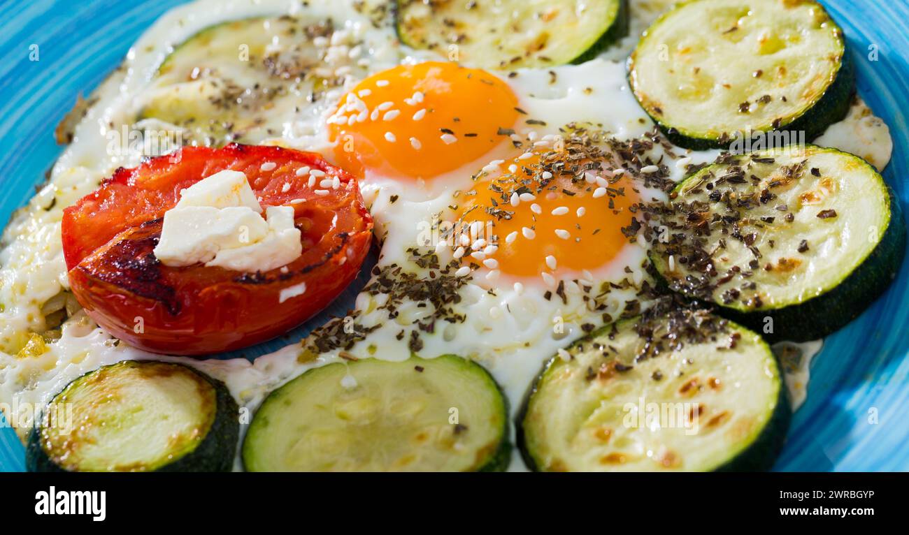 Œufs frits avec courgettes et tomates Banque D'Images