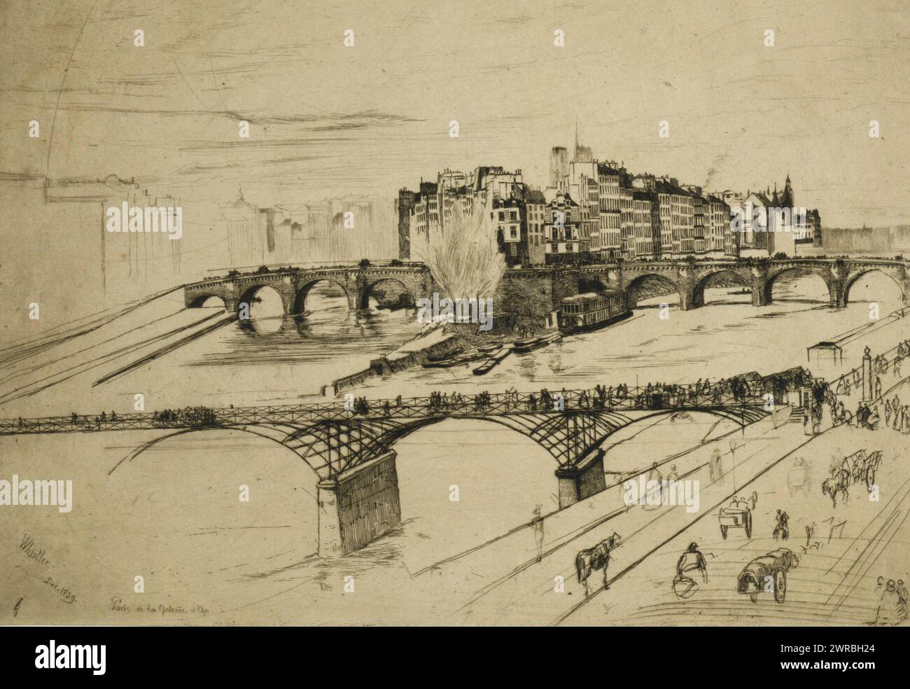 Isle de la Cité, Paris, Whistler., Imprimer montre une vue panoramique de Paris avec des ponts sur la Seine au premier plan., Whistler, James McNeill, 1834-1903, artiste, 1859 Dec., Paris (France), 1850-1860, estampes de paysage urbain, 1850-1860., gravures Cityscape, 1850-1860, gravures, 1850-1860, 1 estampe : gravure Banque D'Images