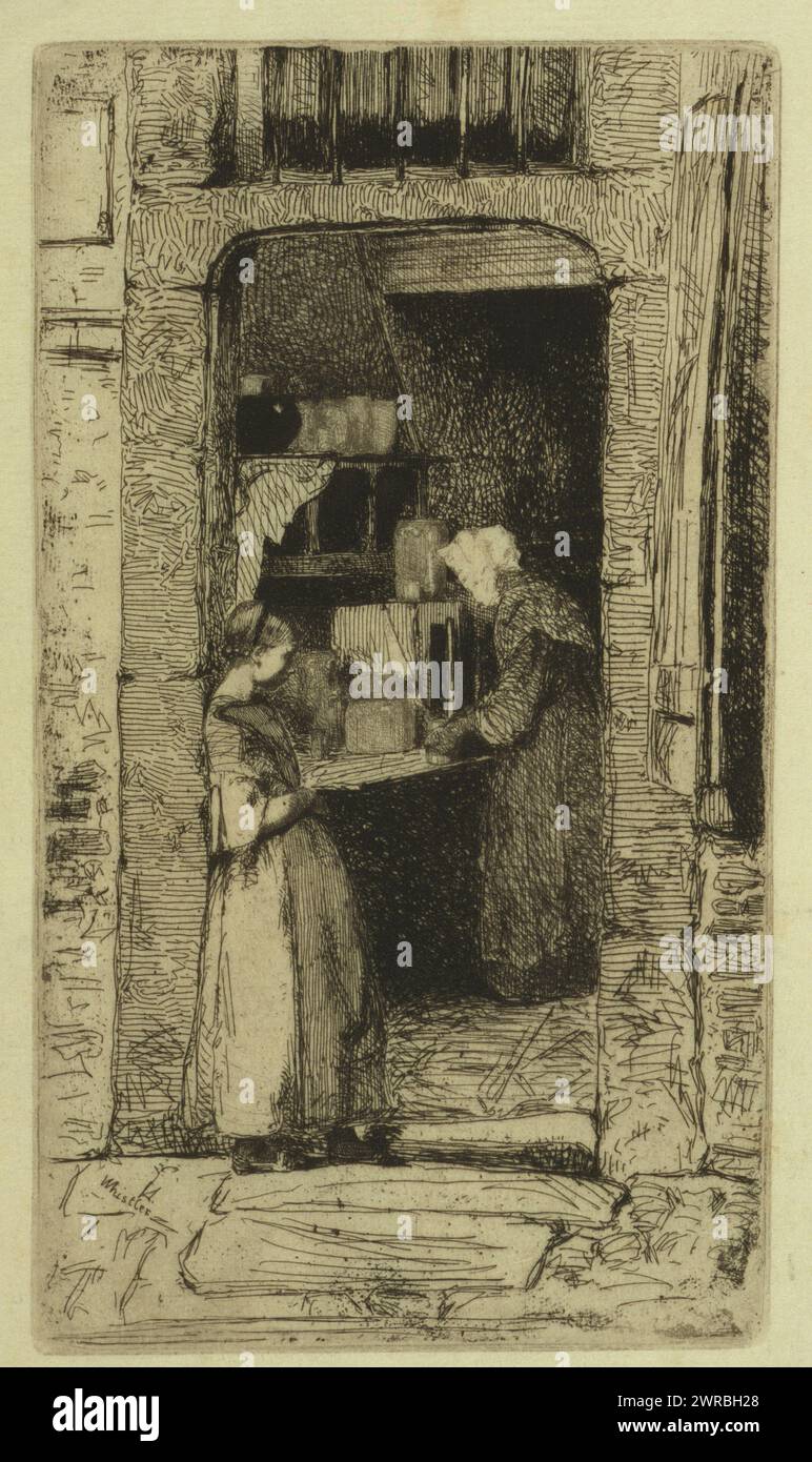 La marchande de moutarde, Whistler., Print montre une jeune femme debout dans l'entrée de la boutique qui vend de la moutarde ; une femme se tient à l'intérieur de la boutique pour remplir une commande., Whistler, James McNeill, 1834-1903, artiste, Paris : IMP. Delârte, Rue Jacques, non. 3, 1858, marchands, France, Paris, 1850-1860, gravures, 1850-1860., gravures, 1850-1860, 1 impression : gravure Banque D'Images