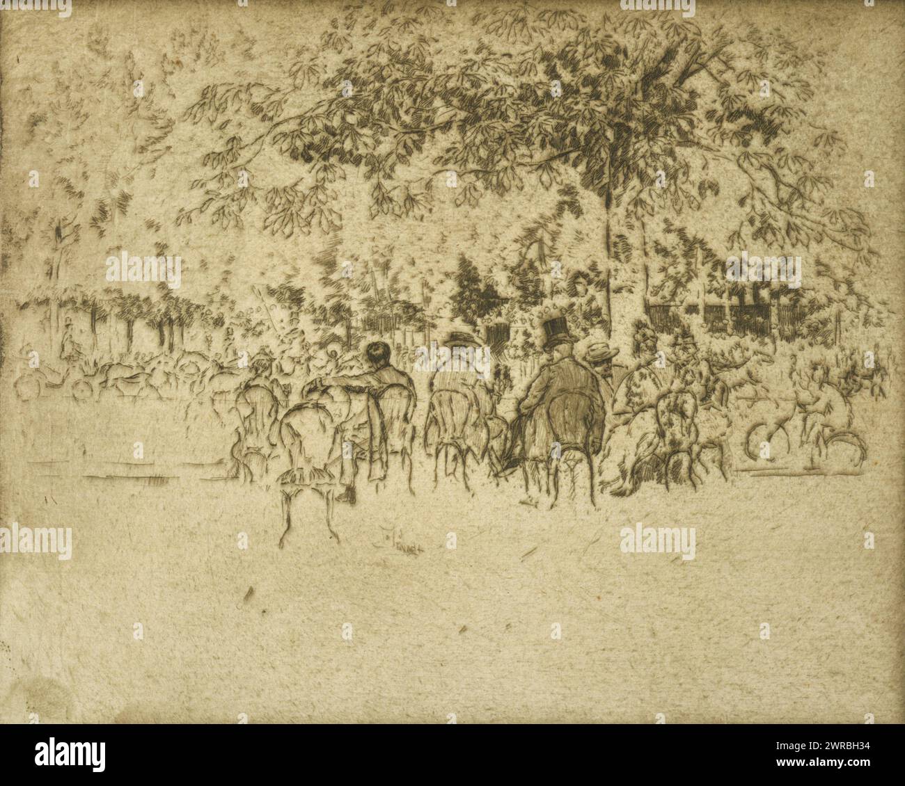Sur les champs elysées, JO. Pennell., Print montre des gens assis sur des chaises sous un arbre sur les champs-Elysées, Paris, France., Pennell, Joseph, 1857-1926, artiste, 1893, champs-Elysées (Paris, France), 1890-1900, gravures, 1890-1900., gravures, 1890-1900, 1 impression : gravure Banque D'Images