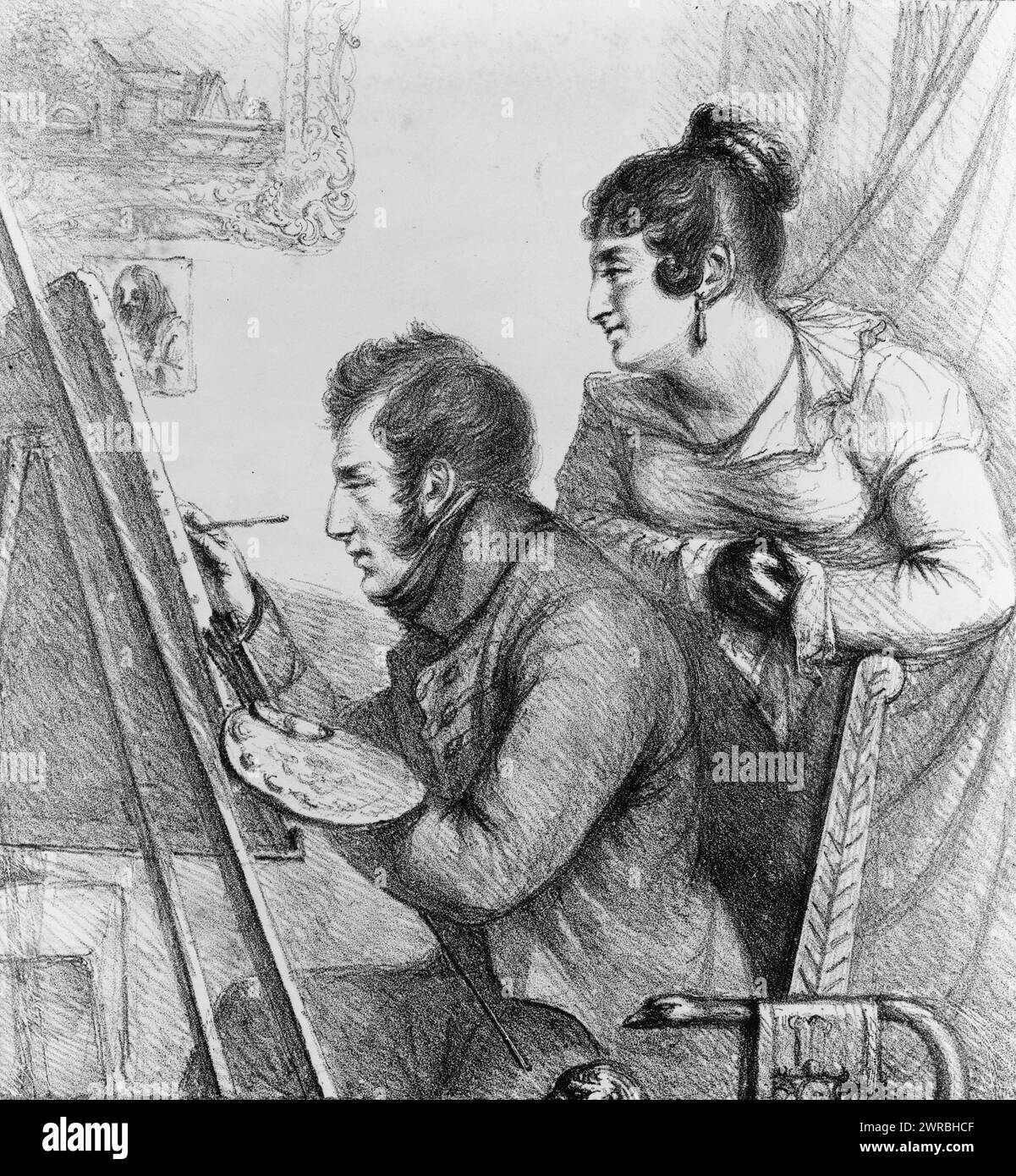 Autoportrait avec une femme regardant dessus, Denon, vivant, 1747-1825, artiste, 1823., Denon, vivant, 1747-1825, lithographies, 1820-1830., lithographies, 1820-1830, Autoportraits, 1820-1830, 1 tirage : lithographie, 22,5 x 21,2 cm Banque D'Images