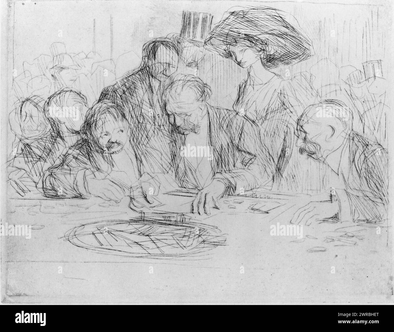 A la table de jeu, Forain., Print montre des hommes jouant aux cartes et des observateurs debout derrière eux., Forain, Jean Louis, 1852-1931, artiste, entre 1870 et 1931, Gambling, 1870-1940, gravures, 1870-1940., gravures, 1870-1940, 1 tirage : gravure, 22 x 27,8 cm Banque D'Images