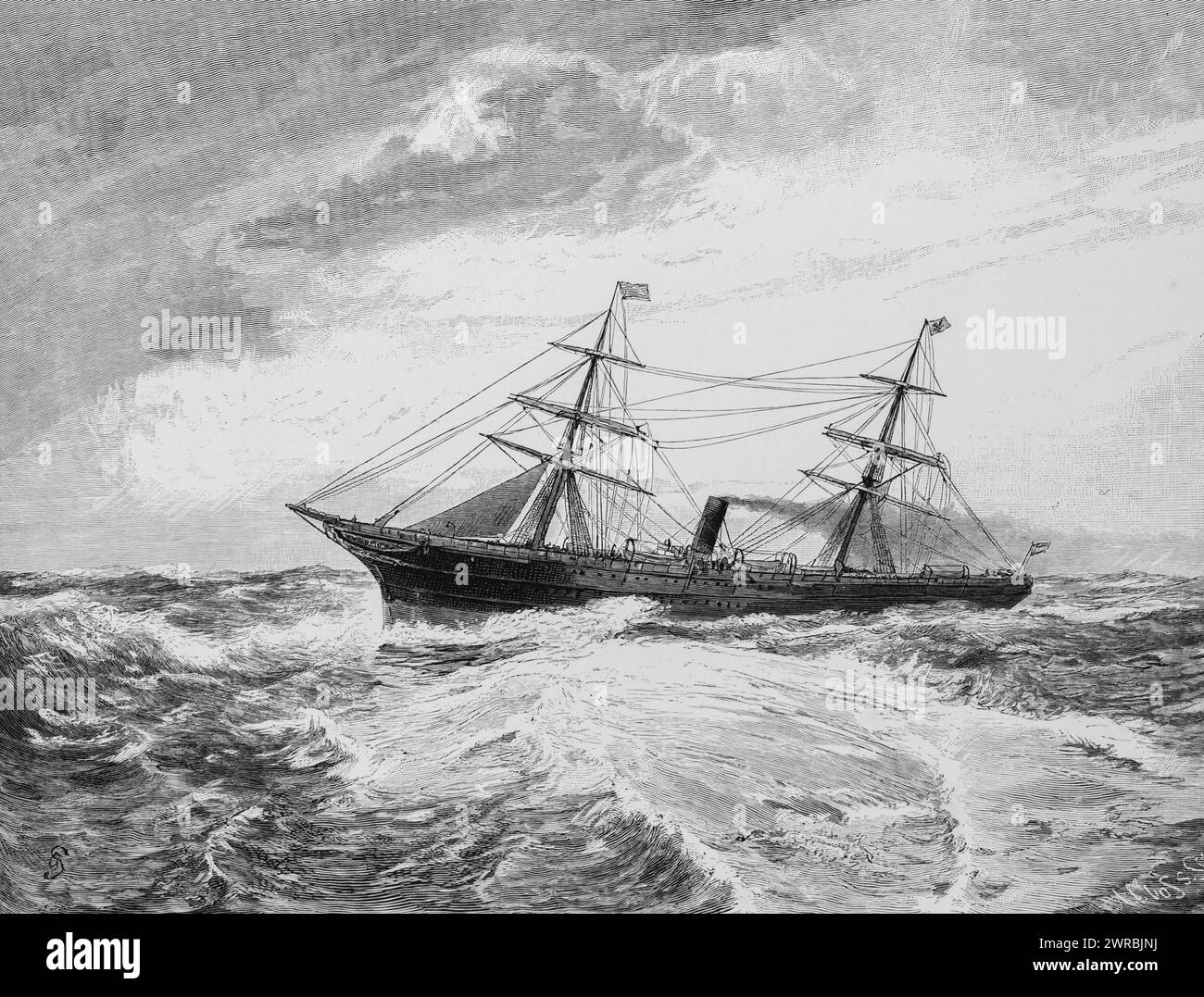 Lloyd vapeur sur la haute mer, compagnie maritime, bateau à vapeur, deux-maîtres, mers lourdes, hautes vagues, vent fort, jet, illustration historique 1880 Banque D'Images
