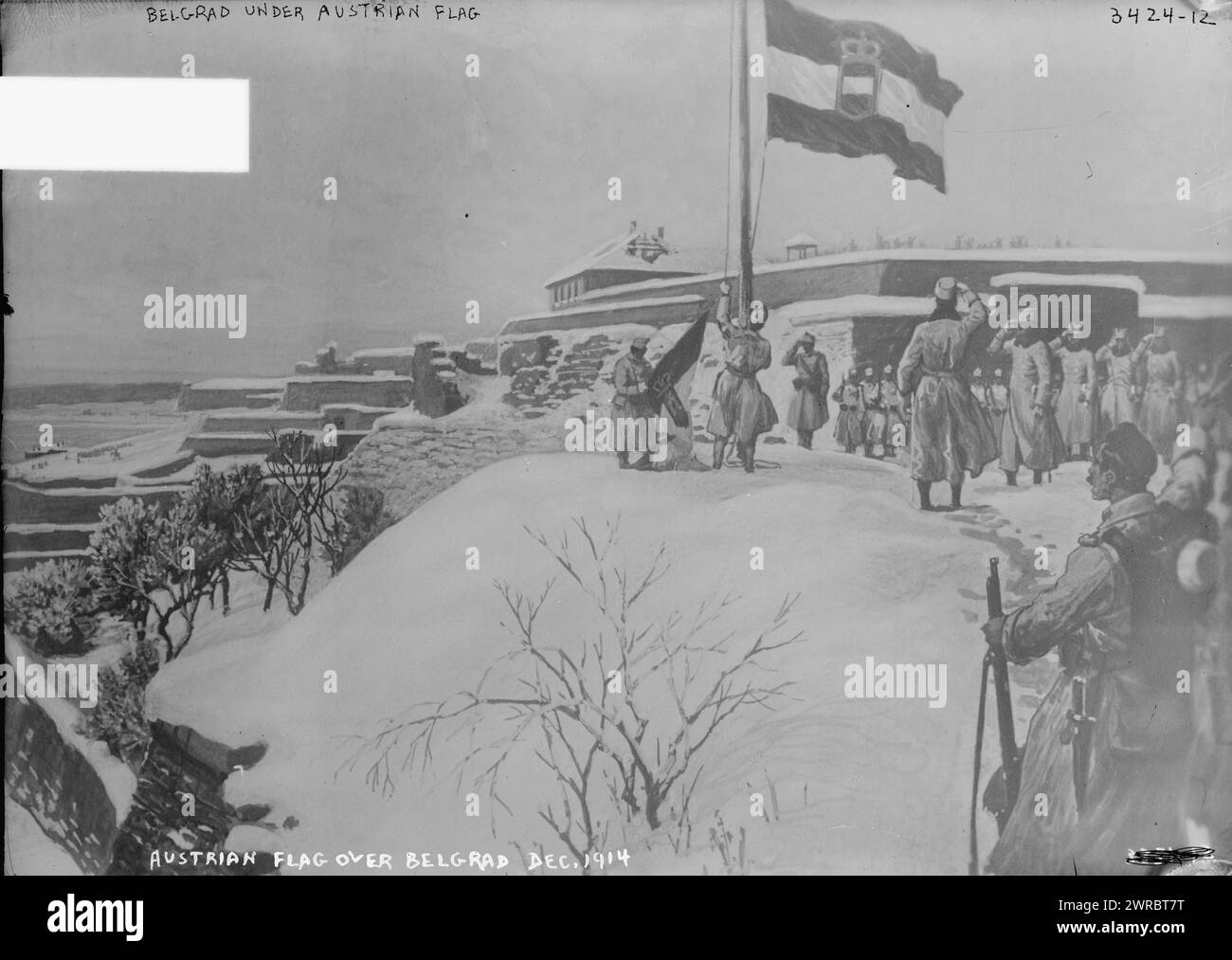 Belgrad sous drapeau autrichien, la photographie montre des soldats autrichiens levant le drapeau à Belgrade, en Serbie, pendant la première Guerre mondiale, entre env. 1914 et env. 1915, Guerre mondiale, 1914-1918, négatifs en verre, 1 négatif : verre Banque D'Images