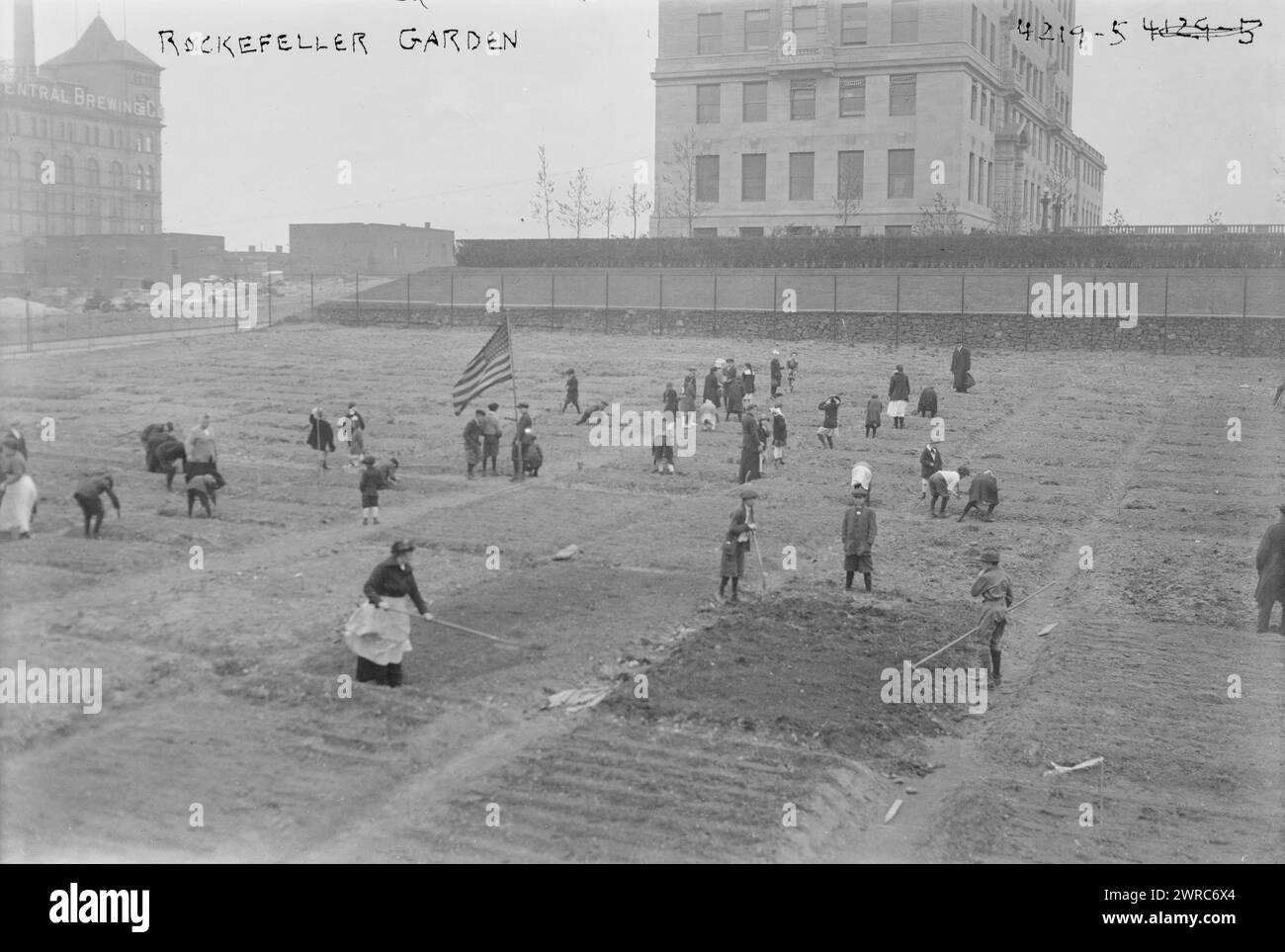 Jardin Rockefeller, photographie montre des enfants jardinant dans un jardin Rockefeller dans son nouvel emplacement à la 65e rue et Avenue A en mai 1917. La National Plant, Flower and fruit Guild entretenait le jardin offert par la Fondation Rockefeller. Grand bâtiment avec panneau 'Central Brewing Co.' en arrière-plan., 1917 mai, négatifs en verre, 1 négatif : verre Banque D'Images