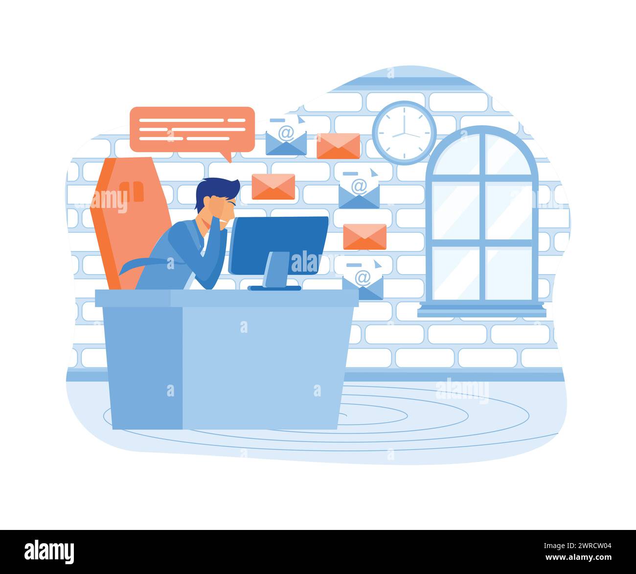 Surcharge d'informations. Personne stressée dans l'inondation d'info, la lecture de plusieurs médias Internet, des nouvelles et beaucoup de messages en ligne. illustration moderne vectorielle plate Illustration de Vecteur