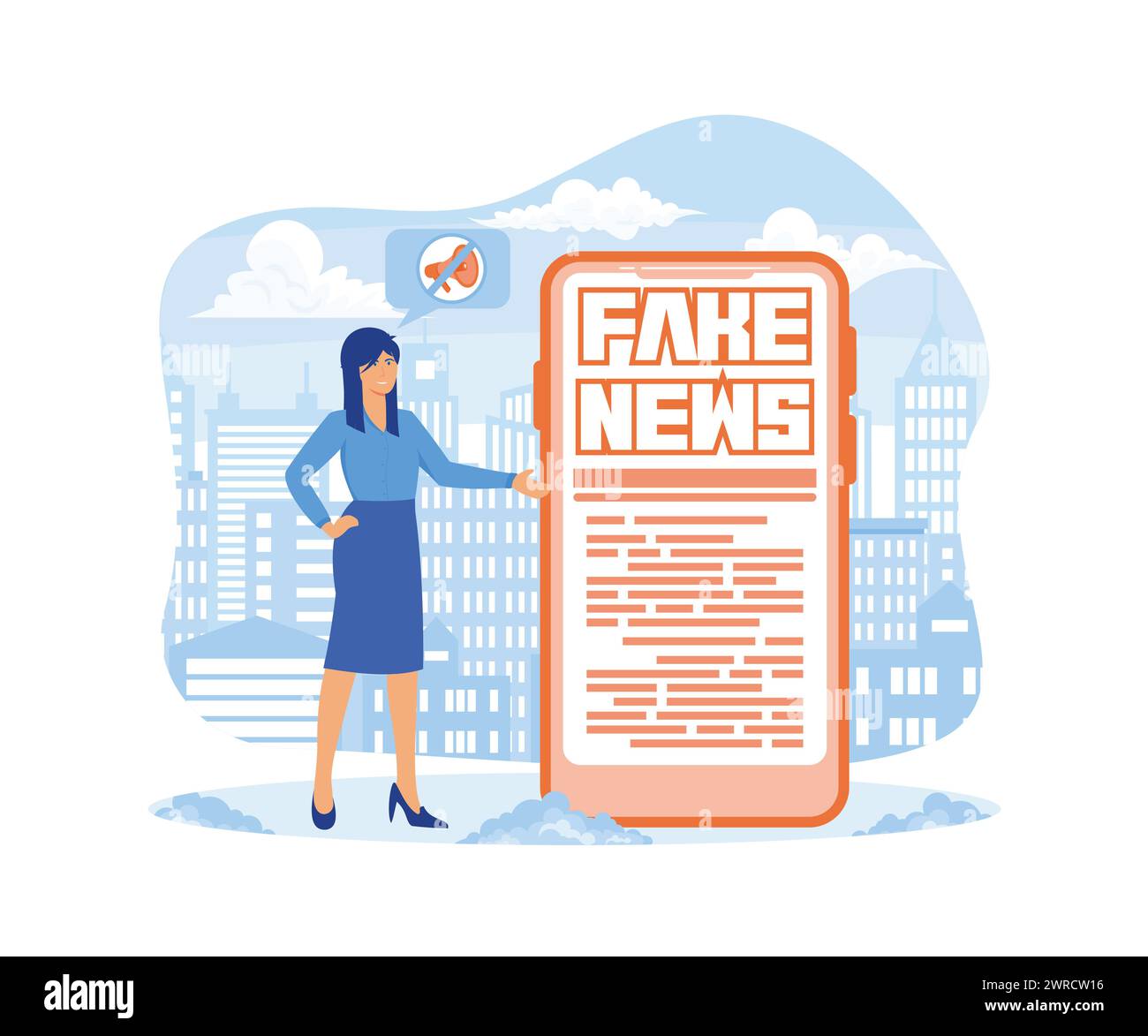 Métaphores de fausses nouvelles. Tiny Girl lit les nouvelles avec l'application mobile. Médias de masse, informations en ligne chaudes, bulletins de propagande. illustration moderne vectorielle plate Illustration de Vecteur