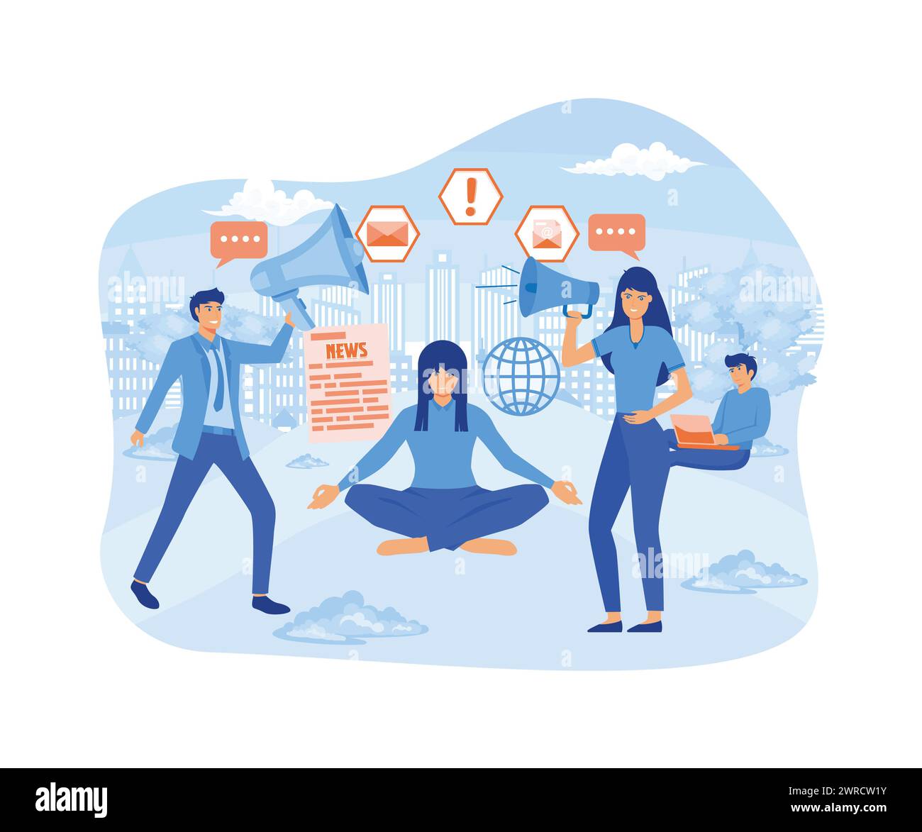 Arrêtez de répandre du canular et des fausses nouvelles. Jeune femme méditer sous un dôme de verre essayant d'arrêter les fausses nouvelles de la télévision, d'Internet. vecteur plat ille moderne Illustration de Vecteur