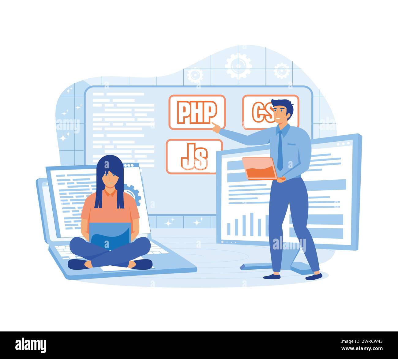 Cours de programmation. Les étudiants étudiant avec des ordinateurs scène. illustration moderne vectorielle plate Illustration de Vecteur
