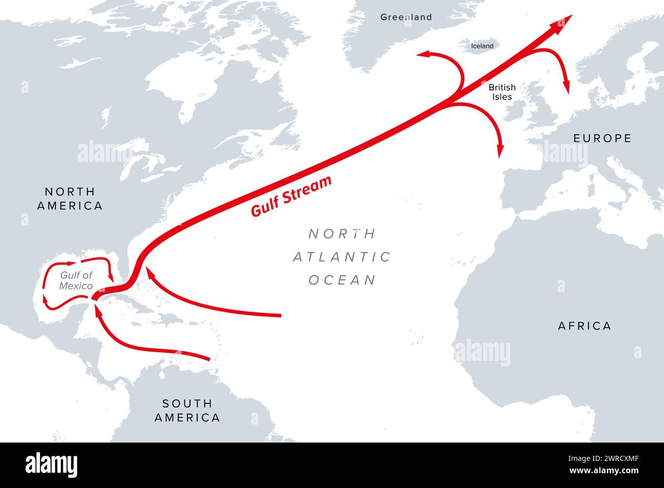 Gulf Stream, carte politique grise. Un courant chaud et rapide de l'océan Atlantique, originaire du golfe du Mexique, s'écoulant le long des côtes des États-Unis et du Canada. Banque D'Images