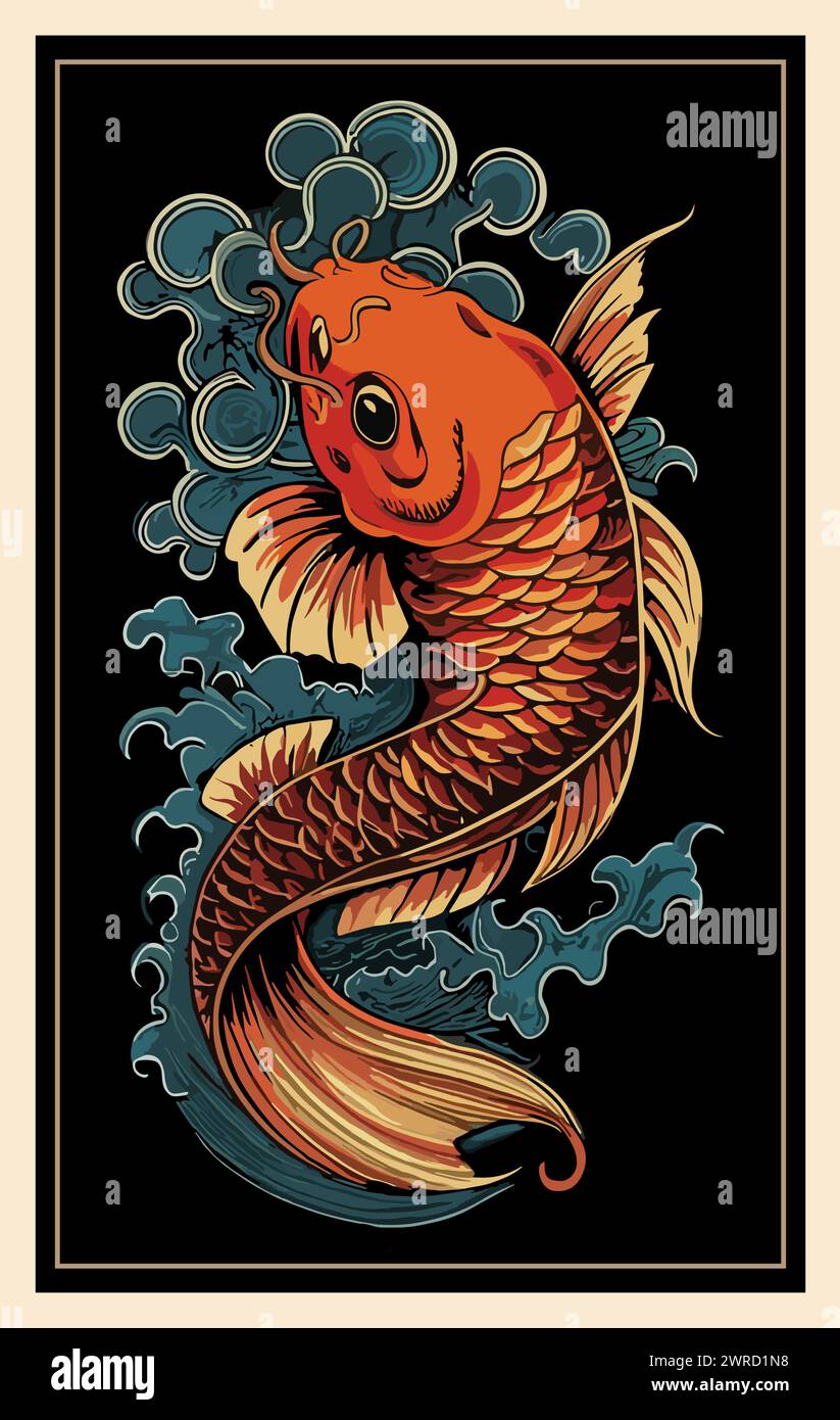 Affiche japonaise rétro avec poisson koi doré. Illustration de Vecteur