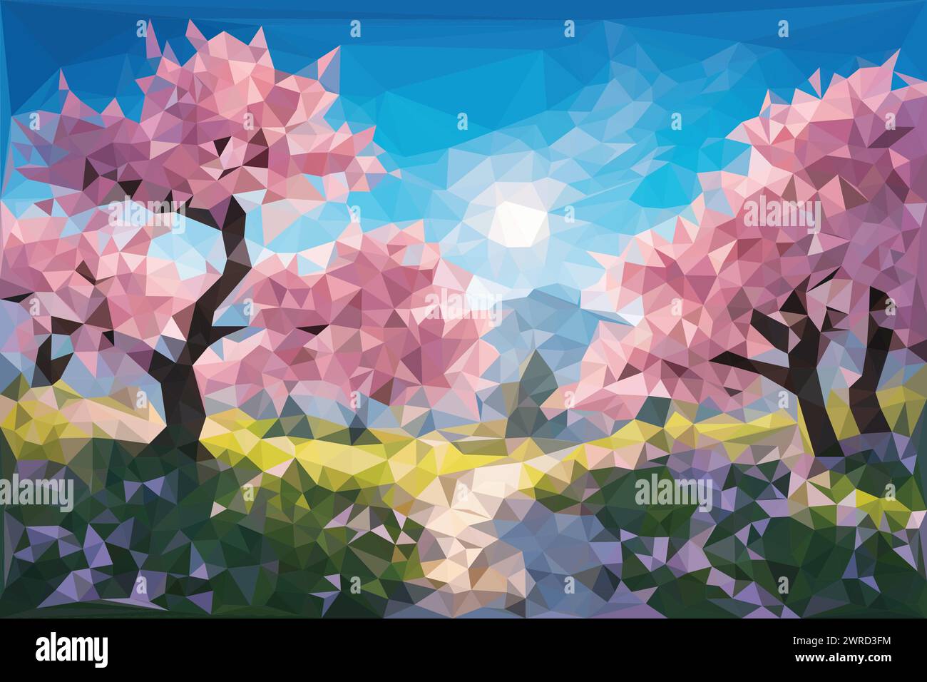 Paysage de bande dessinée poly bas avec arbre japonais Sakura, fleur de cerisier oriental dans la nature printanière avec montagne, ciel bleu et lever du soleil Illustration de Vecteur