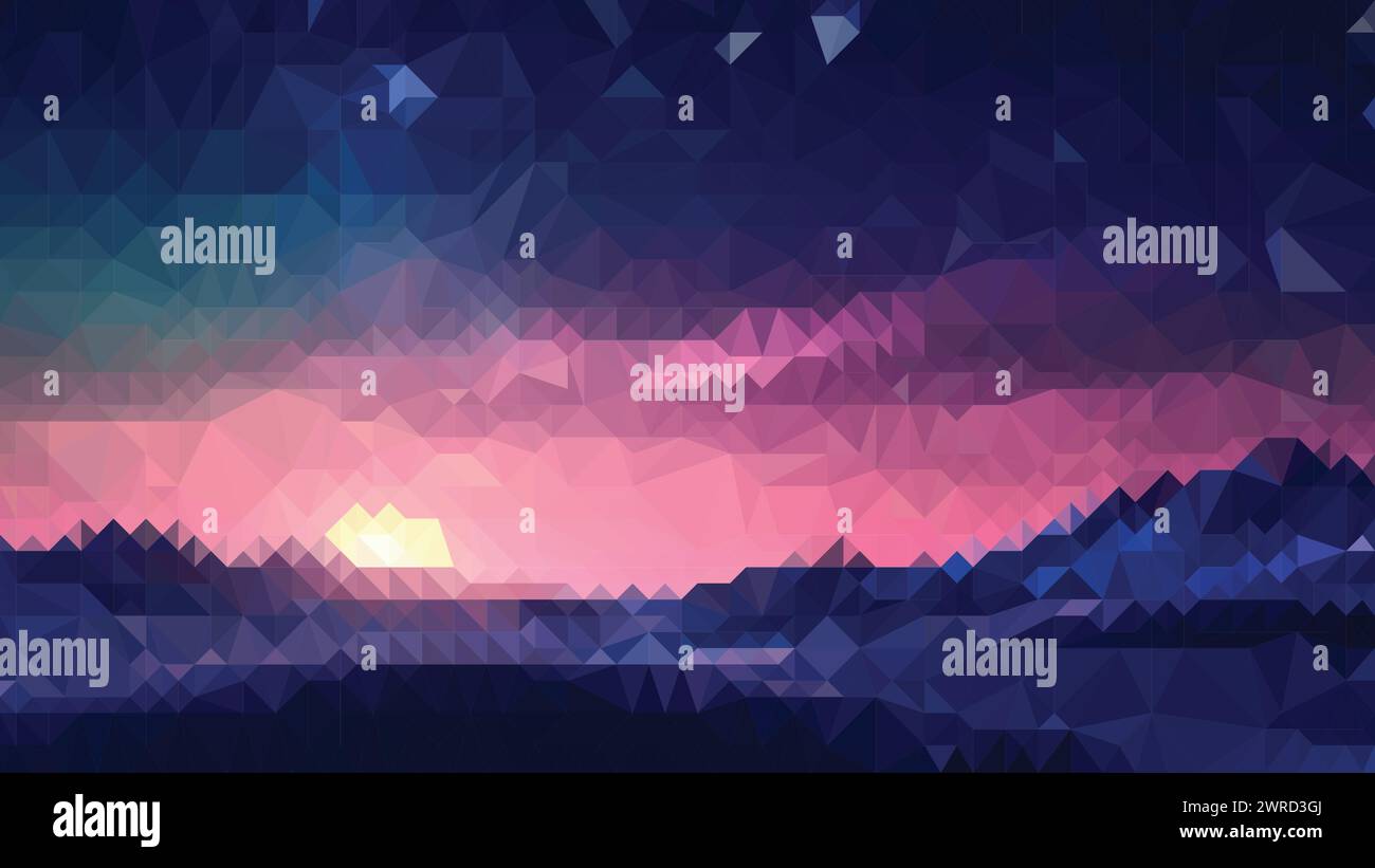 Espace vectoriel, paysage en bas poly abstrait coloré avec ciel et coucher de soleil, fond d'écran tendance, géométrique, cyber polygonal, triangle style pos Illustration de Vecteur