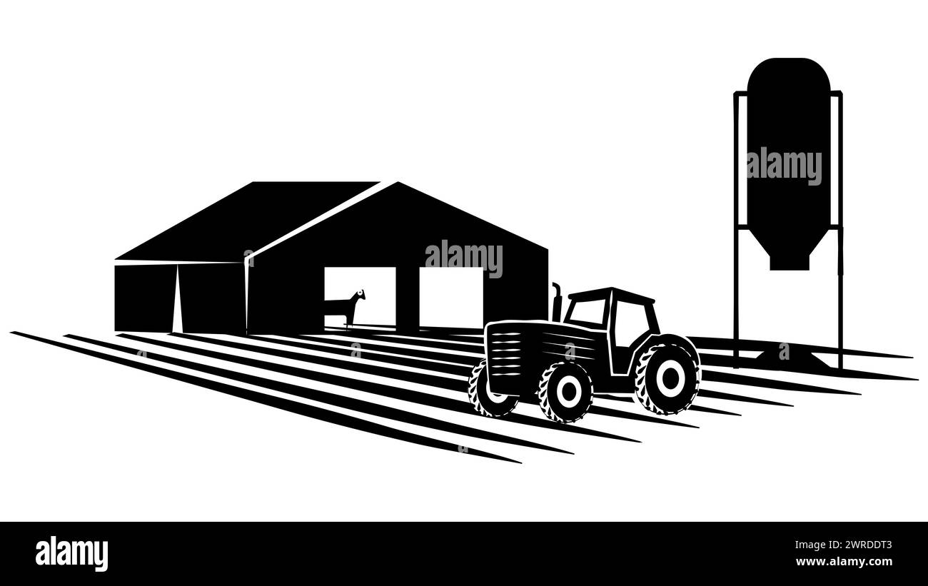 Scène de silhouette de la vie agricole avec grange et tracteur isolé sur fond blanc. Vecteur clipart rural. Illustration de Vecteur
