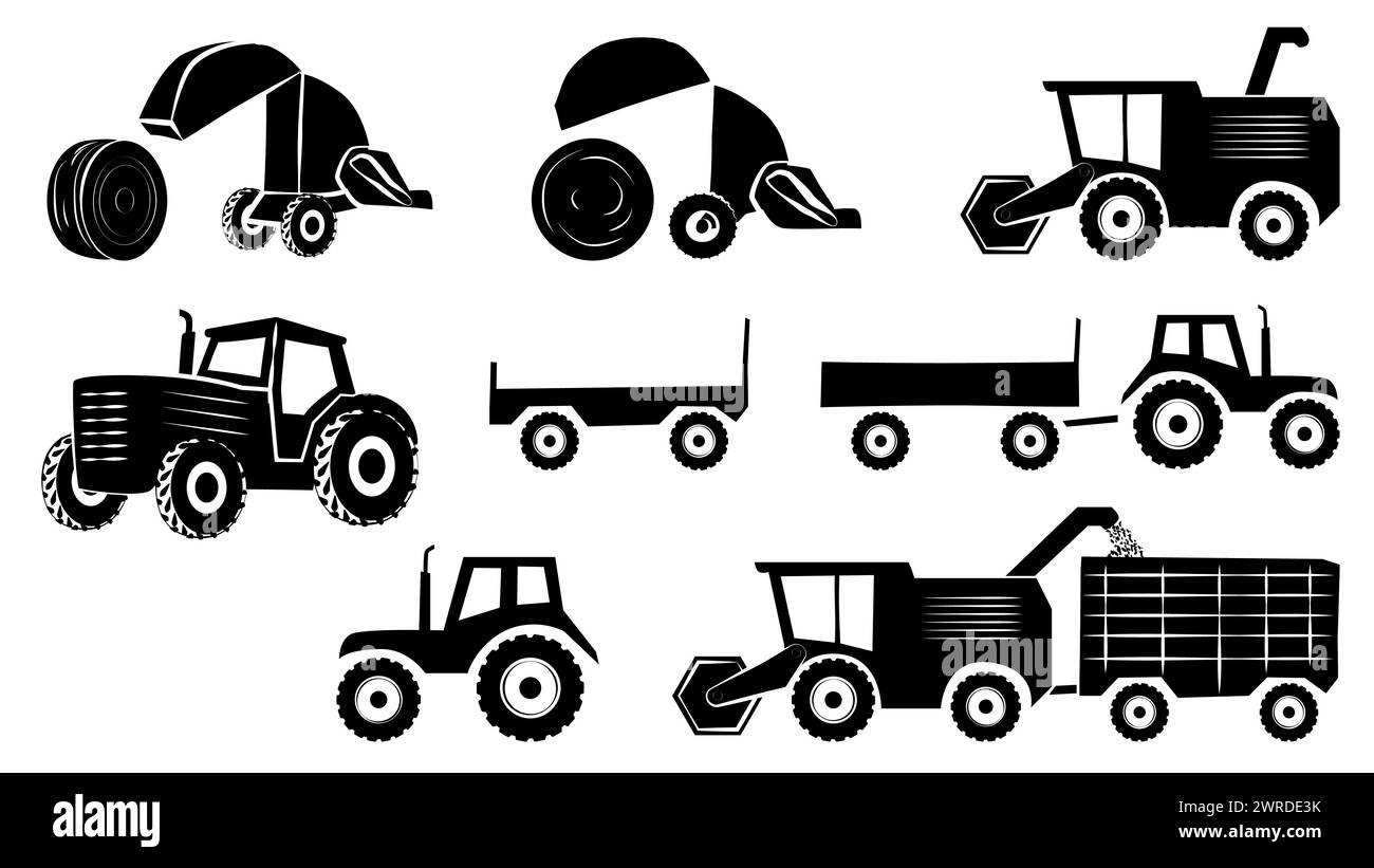 Un ensemble de silhouettes de machines agricoles isolées sur fond blanc. Moissonneuse-batteuse et tracteur avec remorque. Clipart vectoriel. Illustration de Vecteur