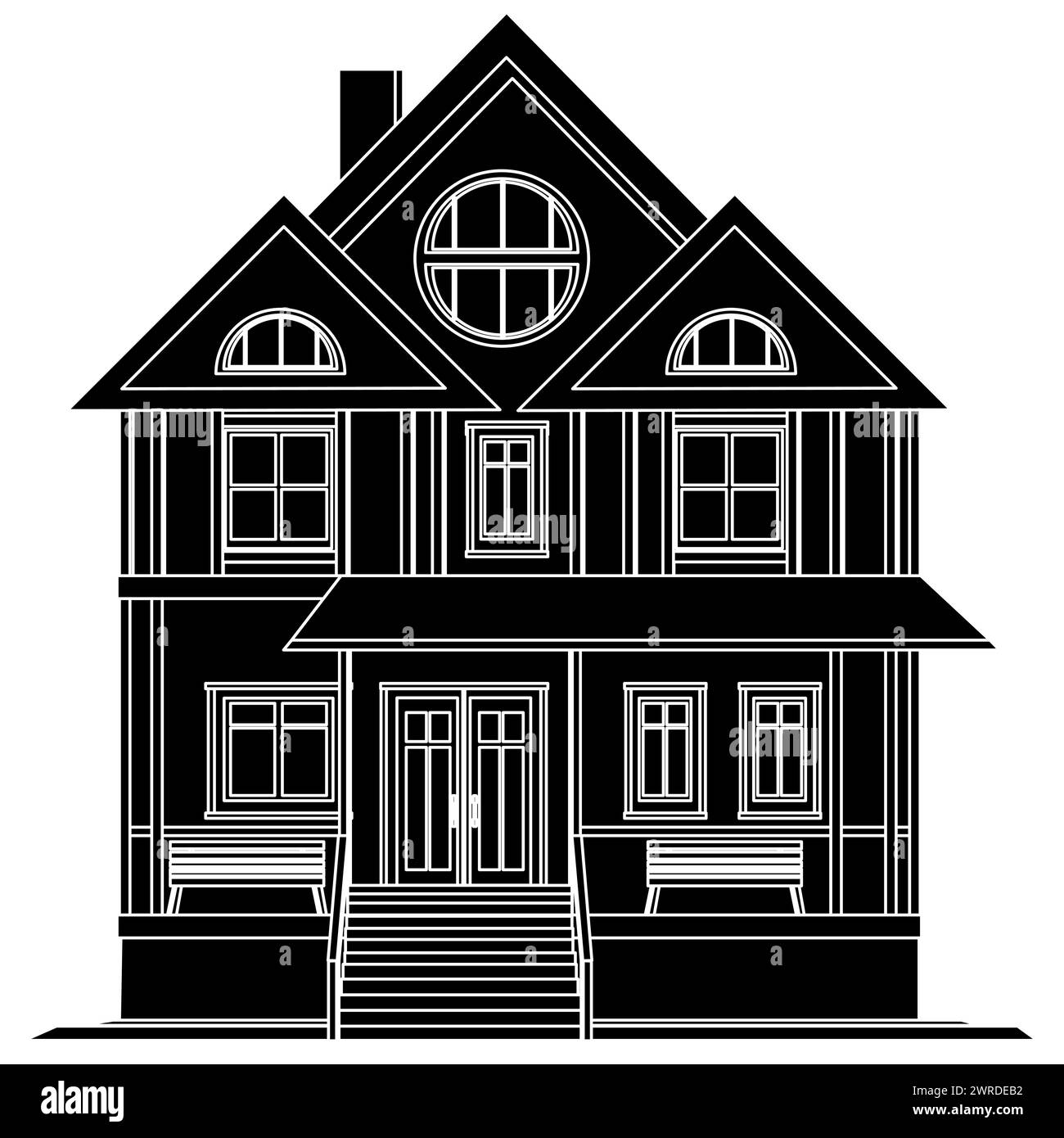 Silhouette noire de maison à deux étages avec porche et bancs isolés sur fond blanc. Clipart vectoriel. Illustration de Vecteur