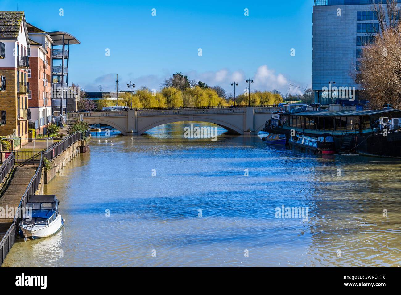 Une vue le long de la rivière Nene vers le pont de la ville dans le centre de Peterborough, Royaume-Uni par une belle journée ensoleillée Banque D'Images