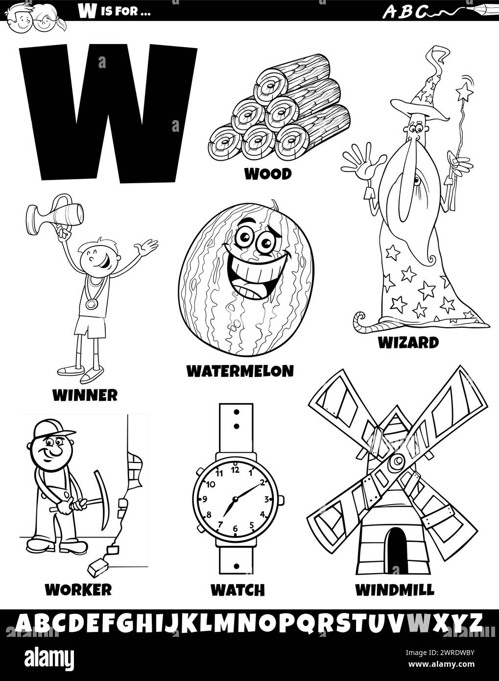 Illustration de dessin animé d'objets et de caractères définis pour la page de coloriage de la lettre W. Illustration de Vecteur