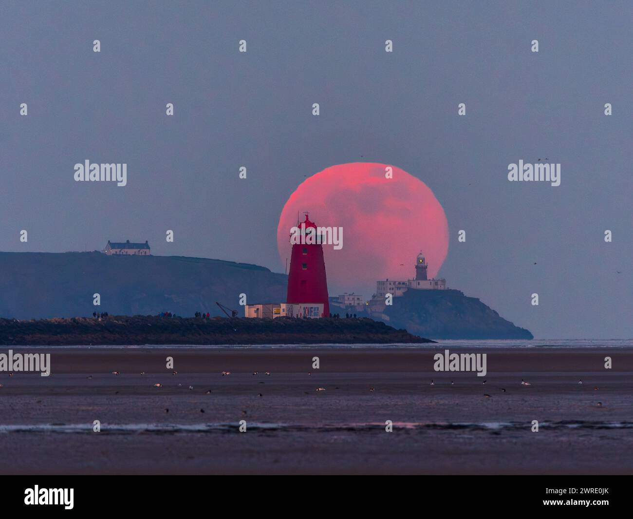 Pleine lune levant au-dessus des phares de Poolbeg et Baily depuis Sandymount Strand Banque D'Images