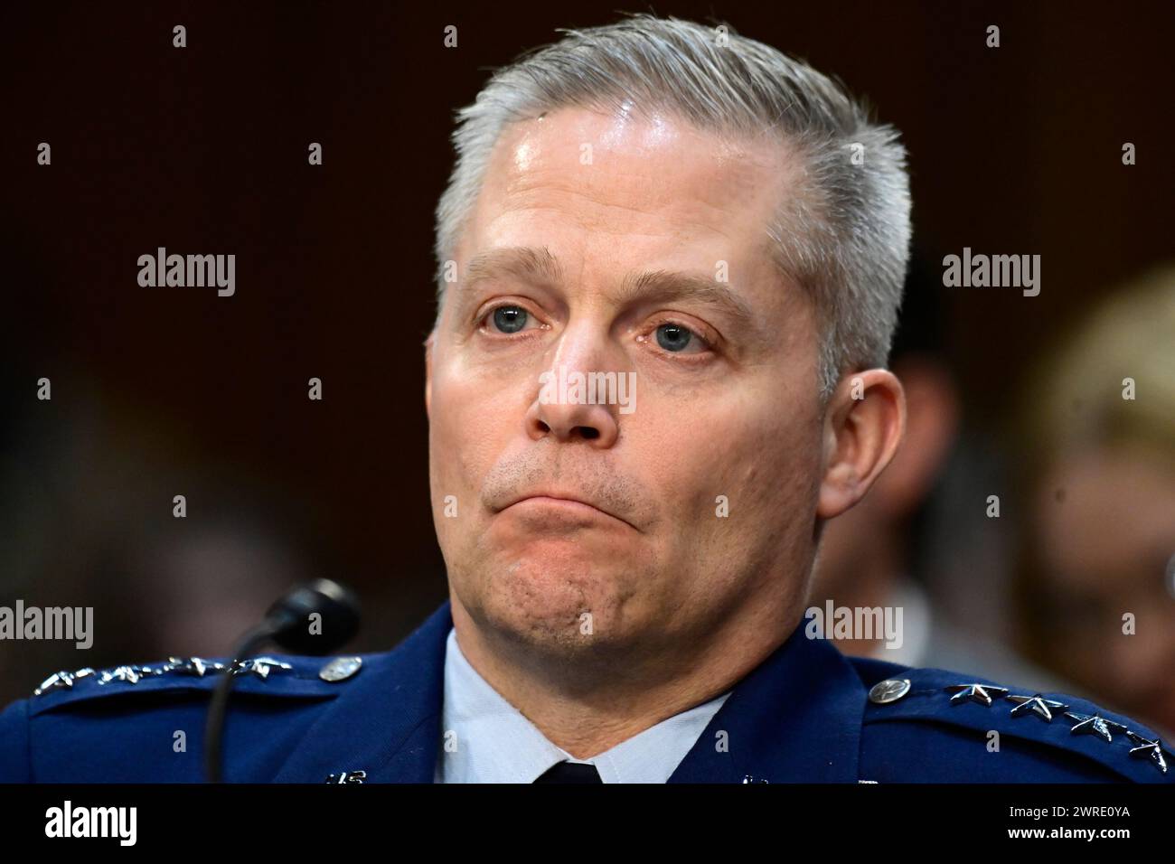 Le général Timothy d Haugh, directeur de l'Agence nationale de sécurité (NSA), témoigne lors de l'audience du Comité spécial du Sénat américain sur le renseignement pour examiner les menaces mondiales dans le bâtiment des bureaux du Sénat Hart sur Capitol Hill à Washington, DC, le lundi 11 mars 2024.crédit : Ron Sachs/CNP/MediaPunch Banque D'Images