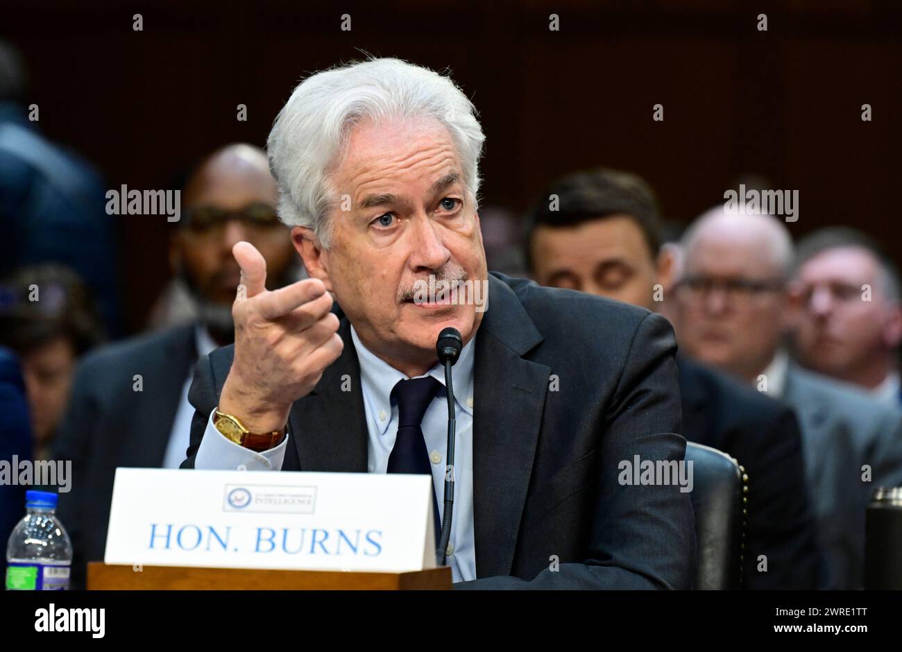 William J Burns, directeur de la Central Intelligence Agency (CIA), témoigne lors de l'audience du Comité spécial du Sénat américain sur le renseignement pour examiner les menaces mondiales dans le bâtiment du Hart Sénat sur Capitol Hill à Washington, DC, lundi 11 mars 2024.Credit : Ron Sachs/CNP/MediaPunch Banque D'Images