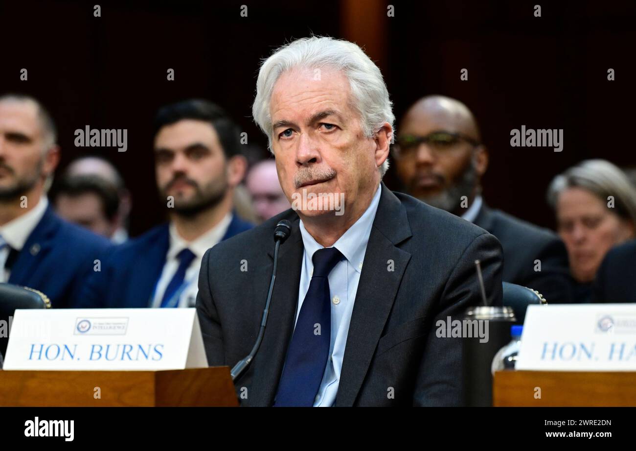 William J Burns, directeur de la Central Intelligence Agency (CIA), témoigne lors de l'audience du Comité spécial du Sénat américain sur le renseignement pour examiner les menaces mondiales dans le bâtiment du Hart Sénat sur Capitol Hill à Washington, DC, lundi 11 mars 2024.Credit : Ron Sachs/CNP/MediaPunch Banque D'Images