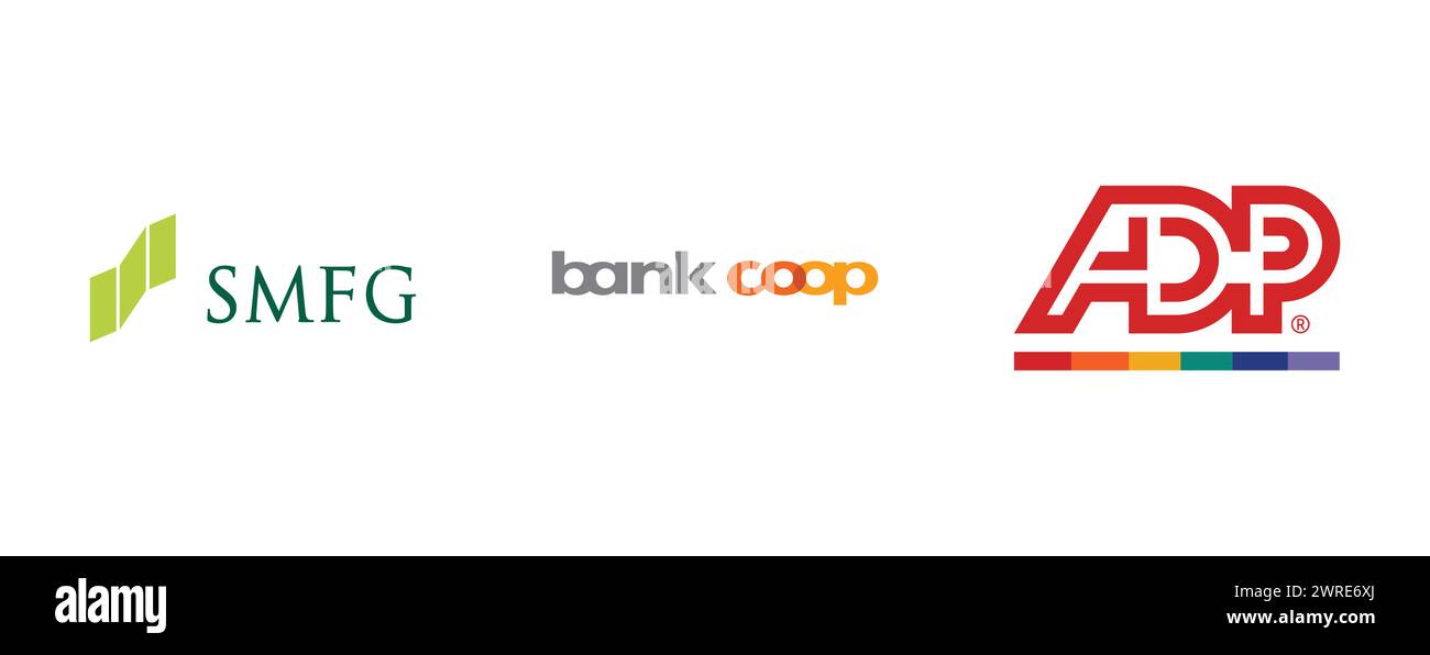 Bank Coop, traitement automatique des données, Sumitomo Mitsui Financial Group. Collection de logo de marque vectorielle. Illustration de Vecteur