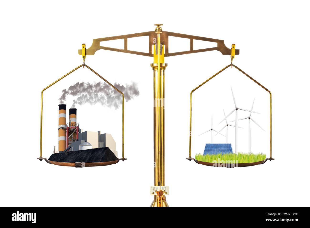 Concept d'usine d'énergie polluante conventionnelle versus énergie renouvelable avec turbines et panneaux solaires sur une échelle d'équilibre Banque D'Images