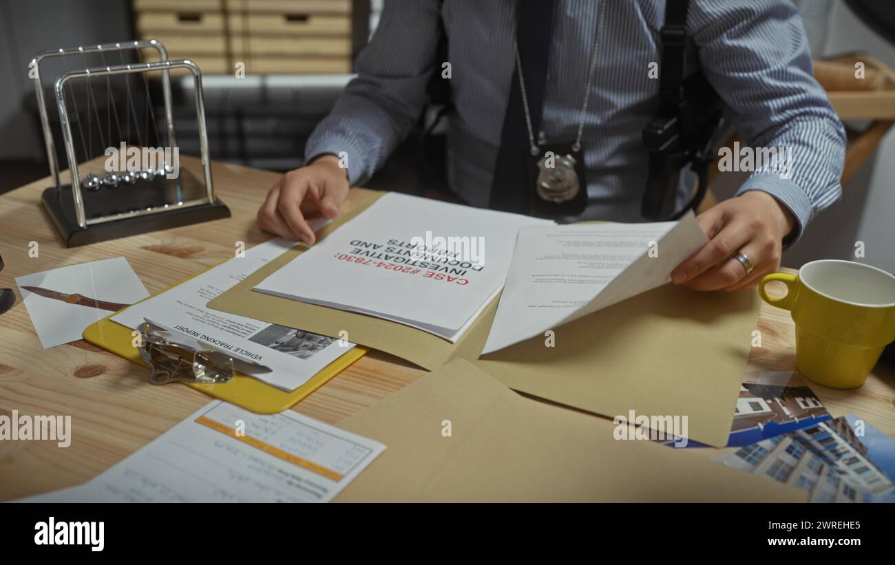 Un jeune homme avec un badge examine des documents dans le bureau d'un détective, suggérant une scène d'enquête policière. Banque D'Images
